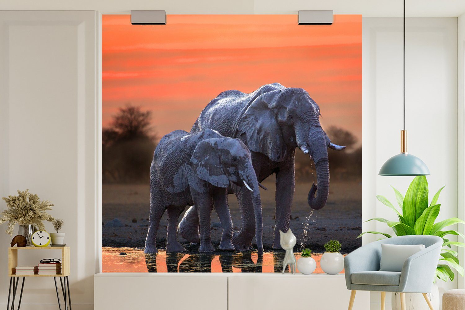 Tiere - bedruckt, Schlafzimmer Elefant - Küche, - für Orange, MuchoWow Sonnenuntergang St), - Fototapete Wohnzimmer Fototapete (4 Vliestapete Wasser Matt,
