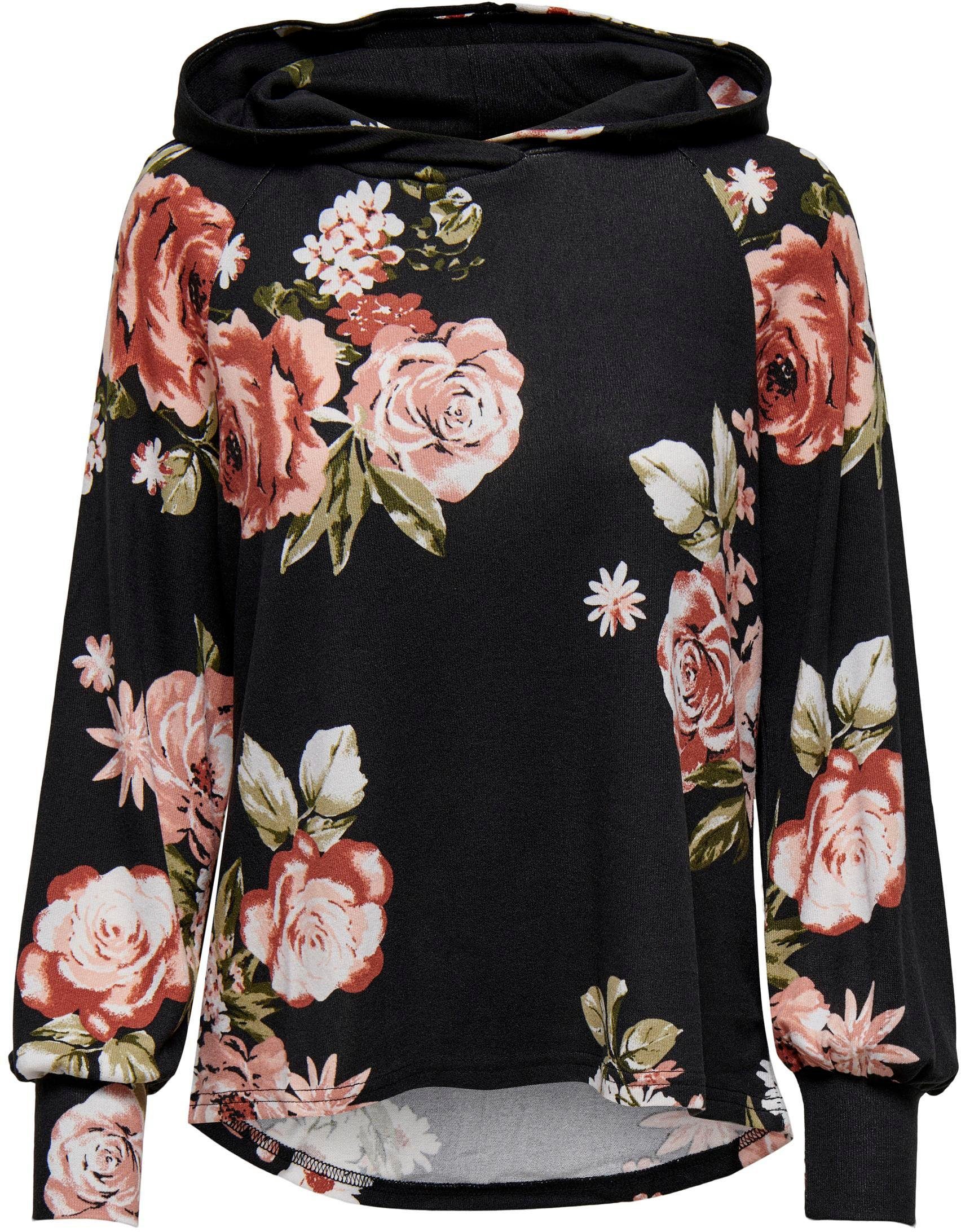 L/S ONLY oder Uni EMMA in unterschiedlichen HOOD ONLELCOS AOP:ROSE Black Kapuzenshirt Druckvarianten