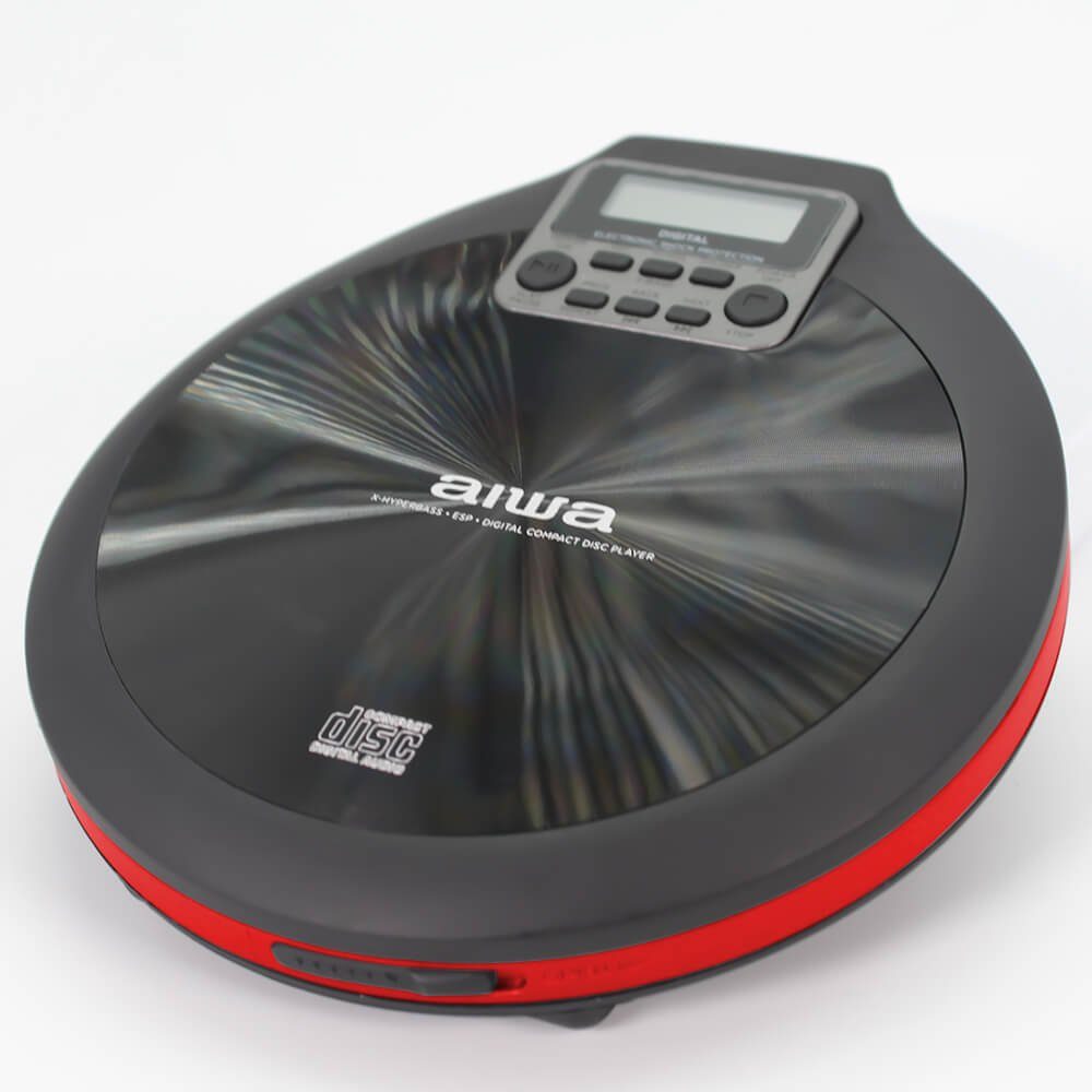 Aiwa PCD-810BK tragbarer CD/CD-R/MP3 Spieler, mit Earphones und Tasche, ESP tragbarer CD-Player schwarz rot
