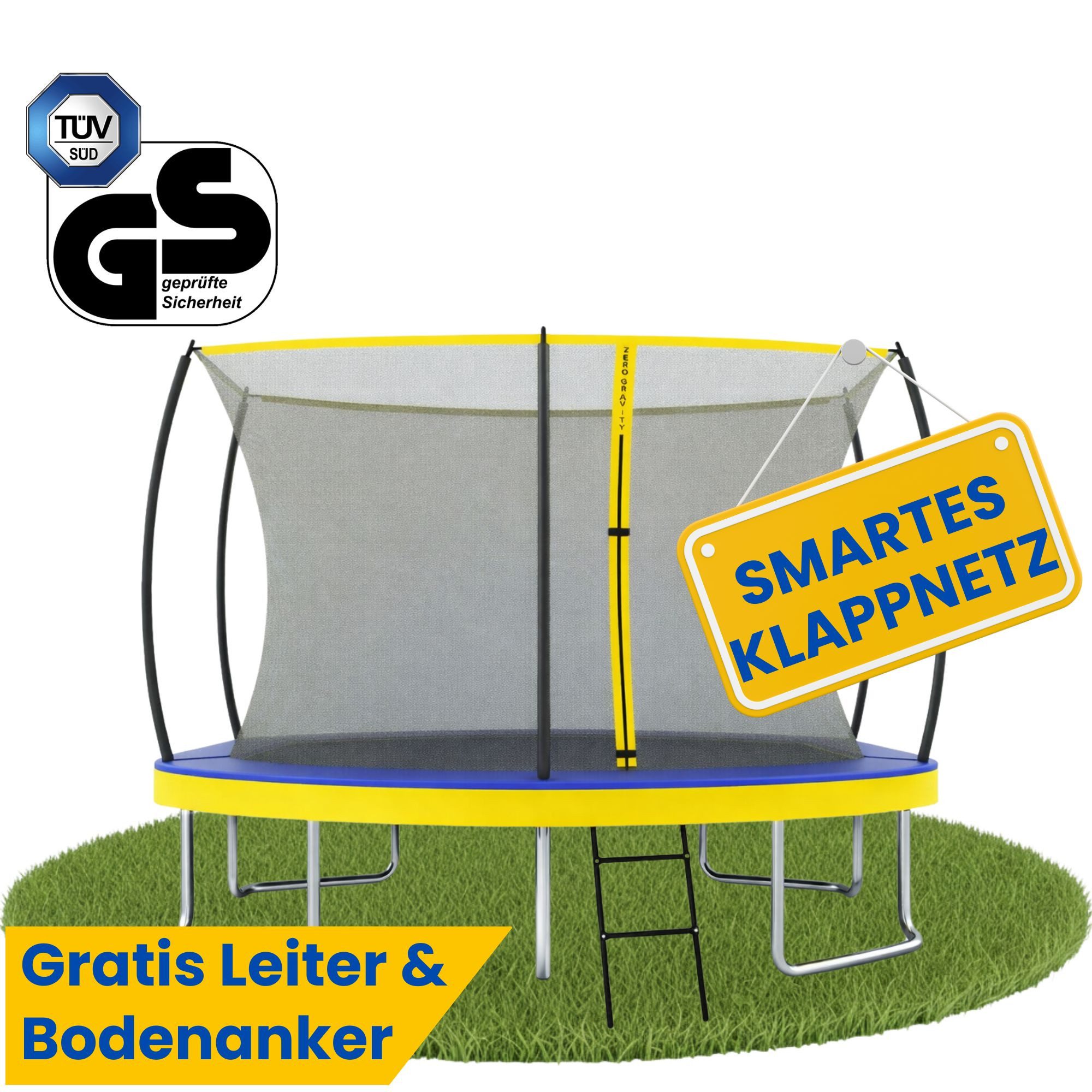 Zero Gravity Gartentrampolin 305x213/366x244/457x366 cm, Ovales Trampolin inkl. Leiter, Ø 305 cm, Trampolin Outdoor Komplett-Set, TÜV GS, Smarter & schneller Netzabbau
