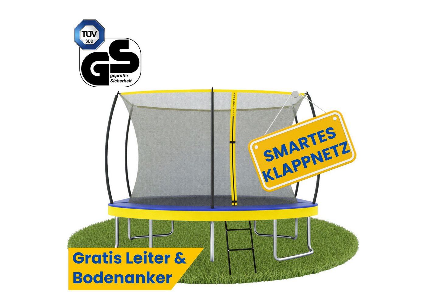 Zero Gravity Gartentrampolin 305x213/366x244/457x366 cm, Ovales Trampolin inkl. Leiter, Ø 305 cm, Trampolin Outdoor Komplett-Set, TÜV GS, Smarter & schneller Netzabbau