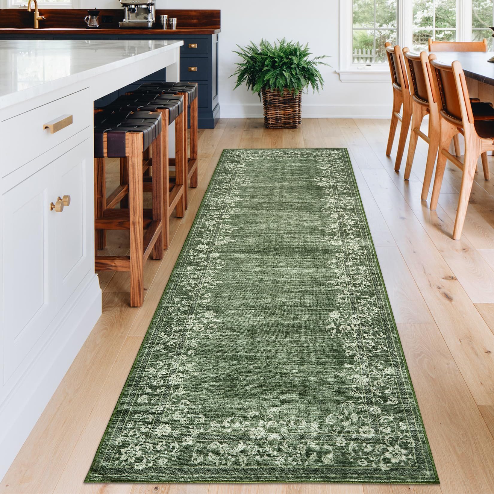 GarveeMore Veloursteppich Waschbarer Vintage Teppich Designteppich Läufer mit floraler Bordüre, Moderner Kurzflor, rutschfest, pflegeleicht & schmutzabweisend