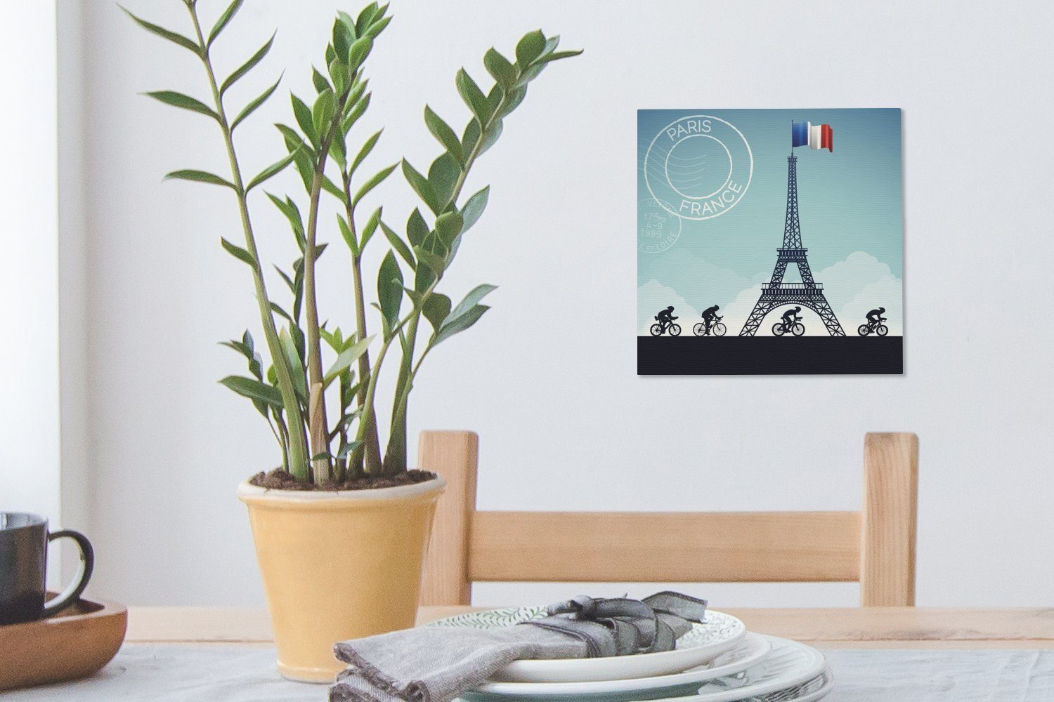 St), Leinwand am vorbeifahren, Leinwandbild Radfahrern, (1 Wohnzimmer Bilder Eine OneMillionCanvasses® Illustration die Eiffelturm für von Schlafzimmer