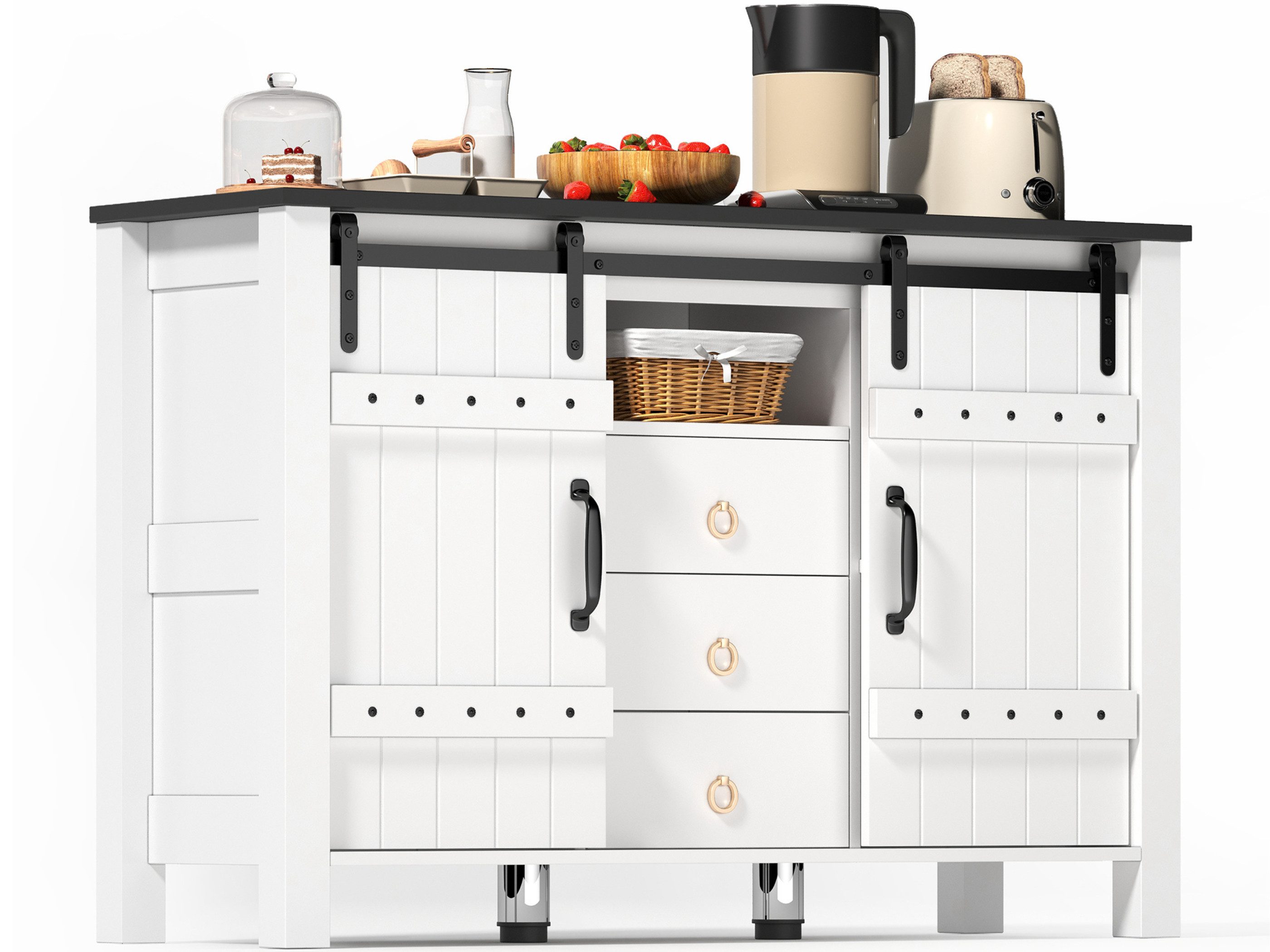 SeedWave Anrichte Retro Кухниschrank Sideboard mit 2 Schiebetüren, Выдвижные ящики und Fach, Vorratsschrank inkl.2 höhenverstellbare Metallfüße, Kippschutz-Set
