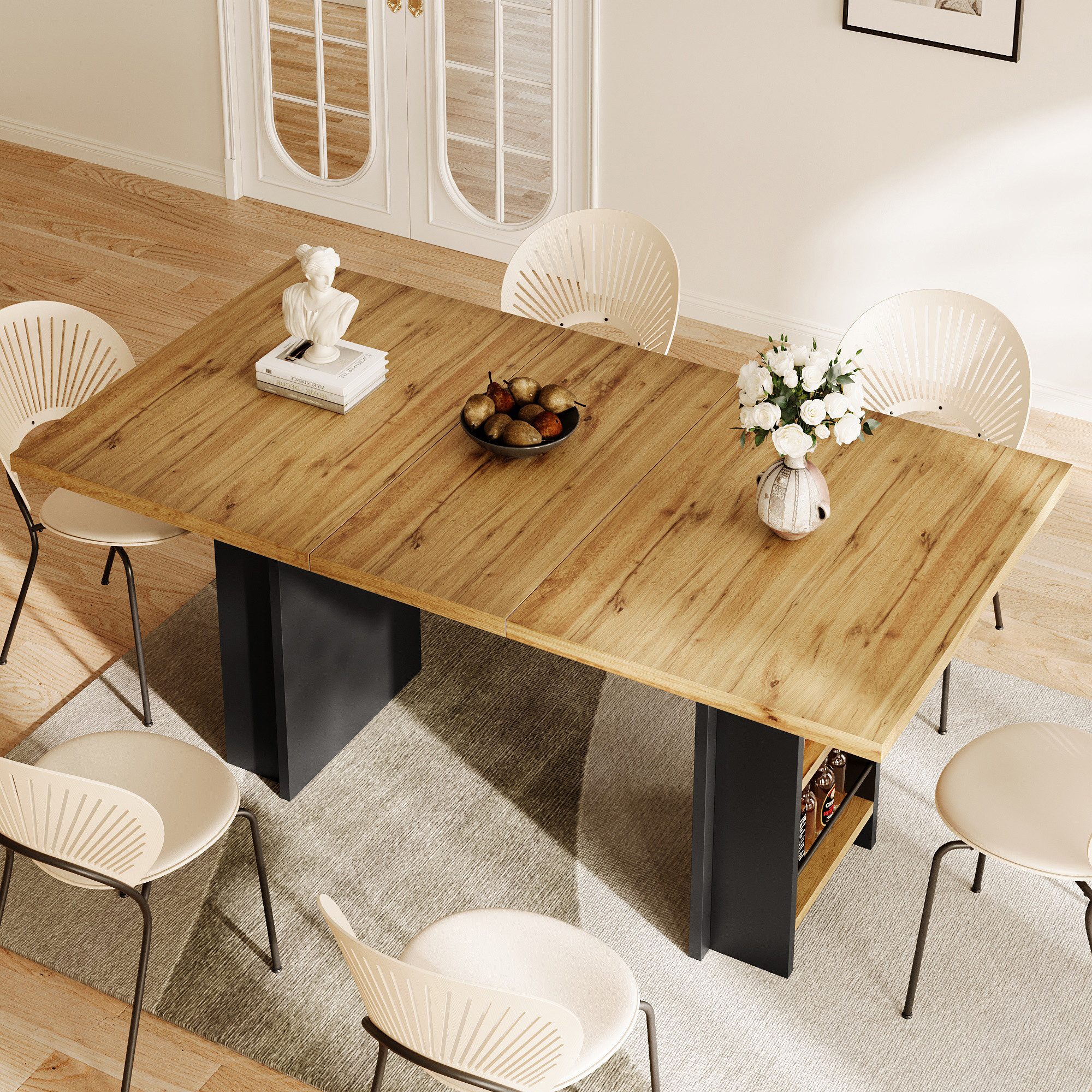 Flieks Esstisch ausziehbare Tischplatte in Holzoptik (Länge120-160/T80/H75 cm, 1-St., 1 Tisch), erweiterbarer Küchentisch mit Regalen Schreibtisch rechteckig