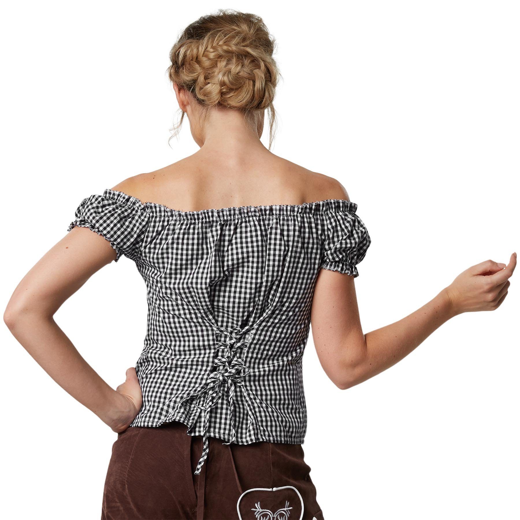 dressforfun Trachtenbluse Kurzärmelige Dirndlbluse aus reiner Baumwolle mit Carmen-Ausschnitt (Landhausbluse Stefferl, in schwarz/weiß) Rüschen-Knopfleiste, Rüc – Bild 2 von 5