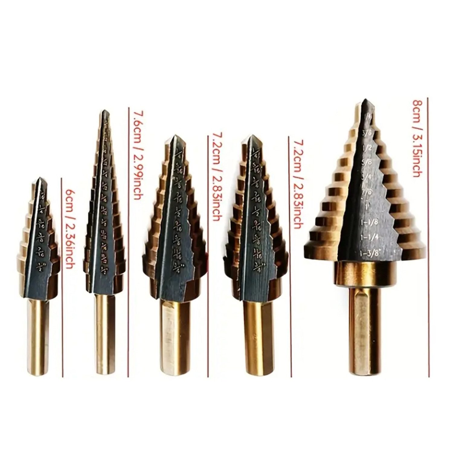 BlingBin Metallbohrer 5-teiliges Stufenbohrer-Set, HSS-Kobalt-Titan-Stufenbohrer, (1er Set, 5-tlg., 5tlg), Hochgeschwindigkeits-Stufenbohrer, mit 50 verschiedenen Lochgrößen