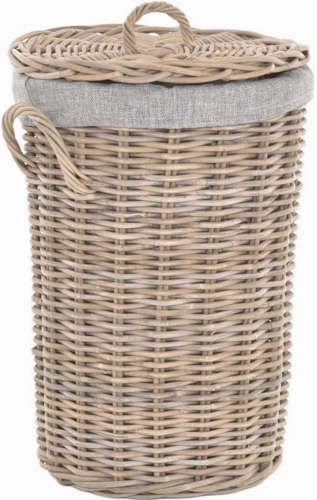 Krines Home Wäschetonne Hoher Wäschekorb mit Deckel modern rund Wäschetonne Natur Rattan Tonne, Tonne mit Stoffinlett