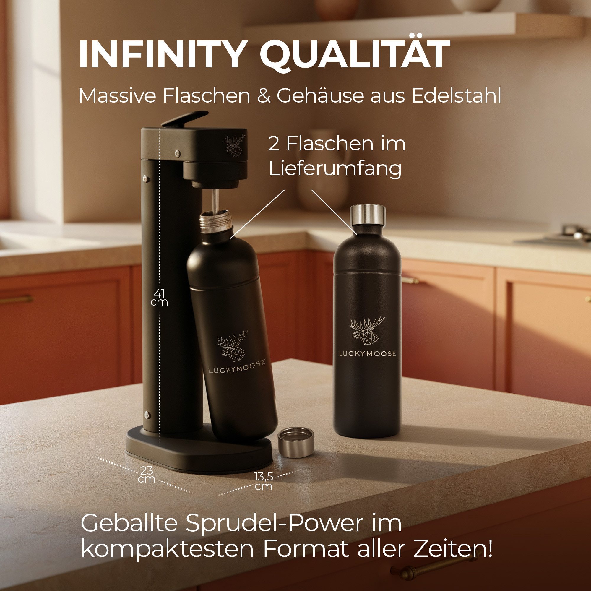 Luckymoose Wassersprudler Infinity-S mit 2x 1,25L langlebige Edelstahlflaschen, (2xSchwarz-tlg), Spart bis zu 25% CO2, Flaschen spülmaschinenfest & ohne Ablaufdatum