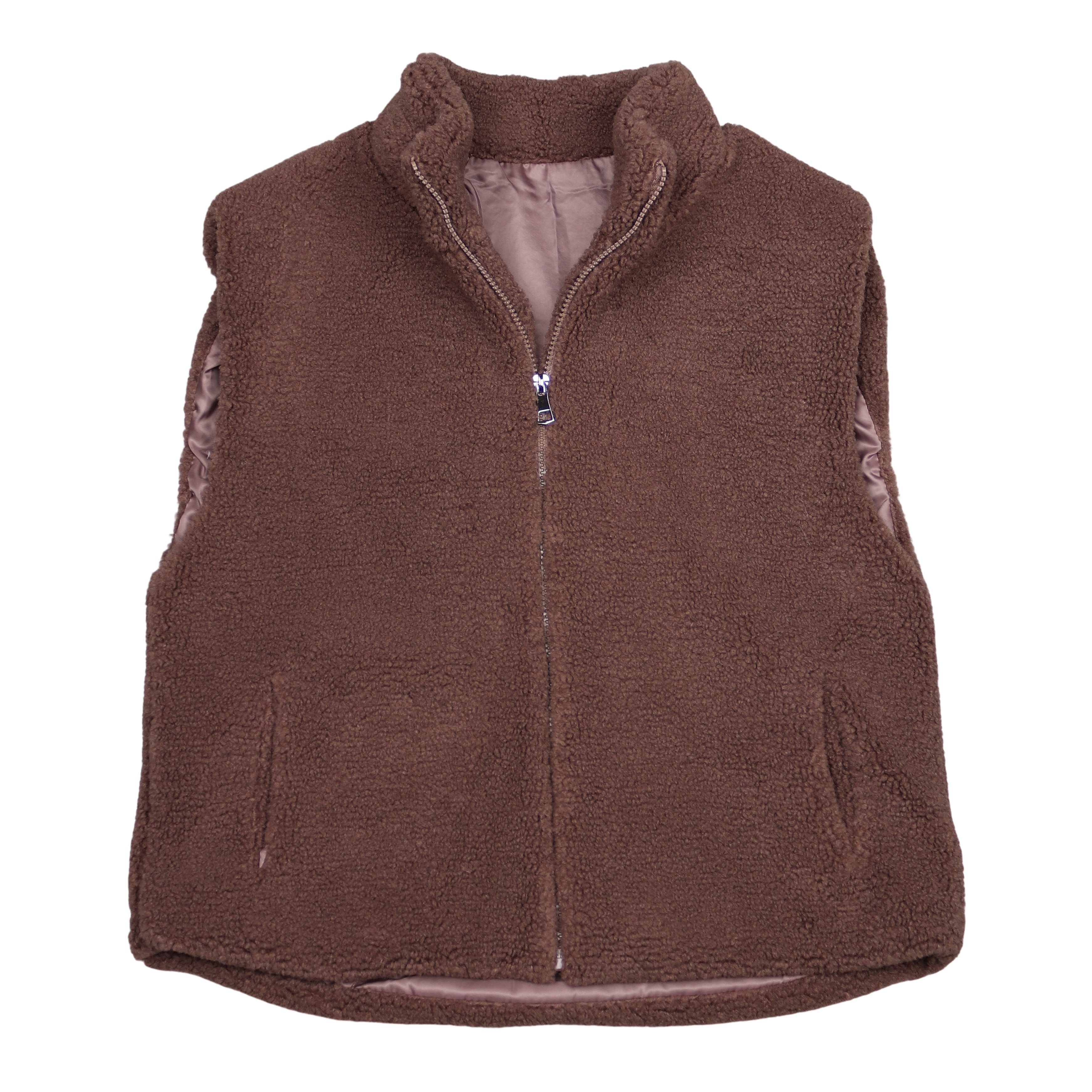 MIRROSI Plüschweste Damen Teddy Weste Plüsch – gefütterte Kuschelweste (One Size – passend für Größe 38, 40 und 42) Stehkragen & 2 Seitentaschen