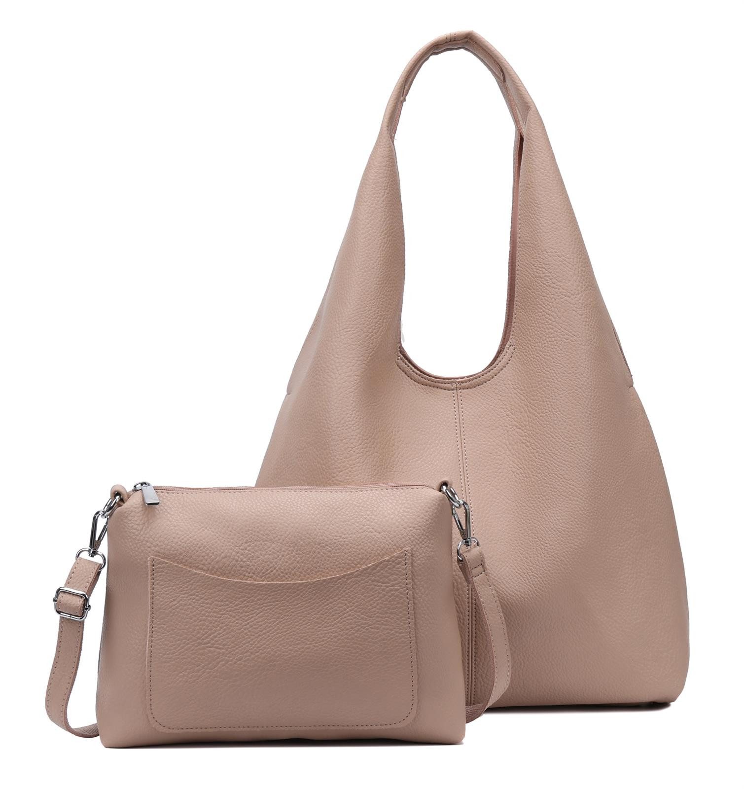 ITALYSHOP24 Schultertasche DAMEN XXL SHOPPER Set HOBO Cross Over Body Bag Umhängetasche Beutel (Spar-Set: Henkel Tasche mit CrossOver, Workbag Schule Tote Weekender, 2-tlg., mit Henkel & Schultergurt), Schmucktasche Smartphone Freizeit Abend Urlaub Leder Optik leicht