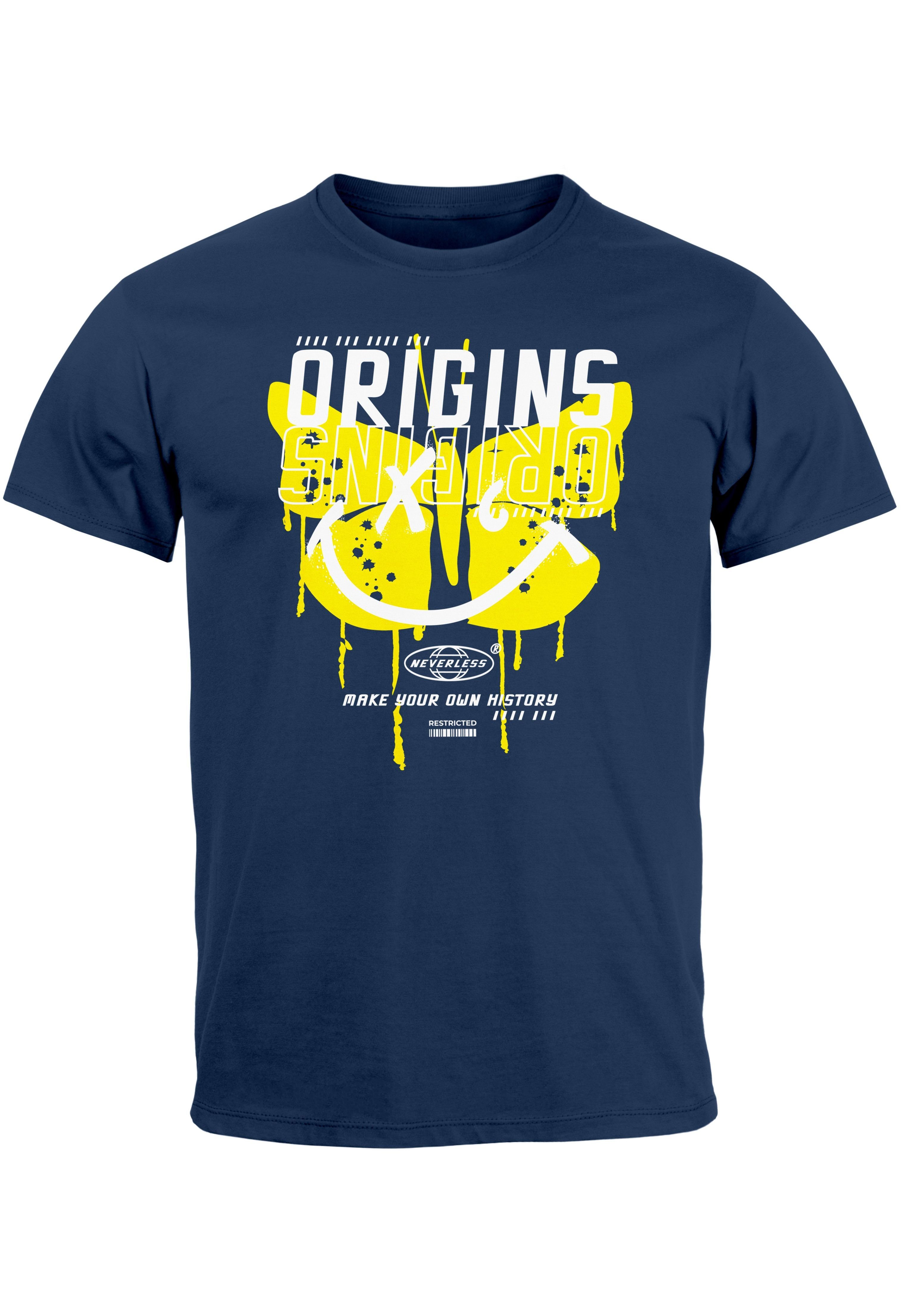 Neverless own Herren your History Butterfly navy-gelb Aufdruck T-Shirt Schmetterling Make Print-Shirt mit Print