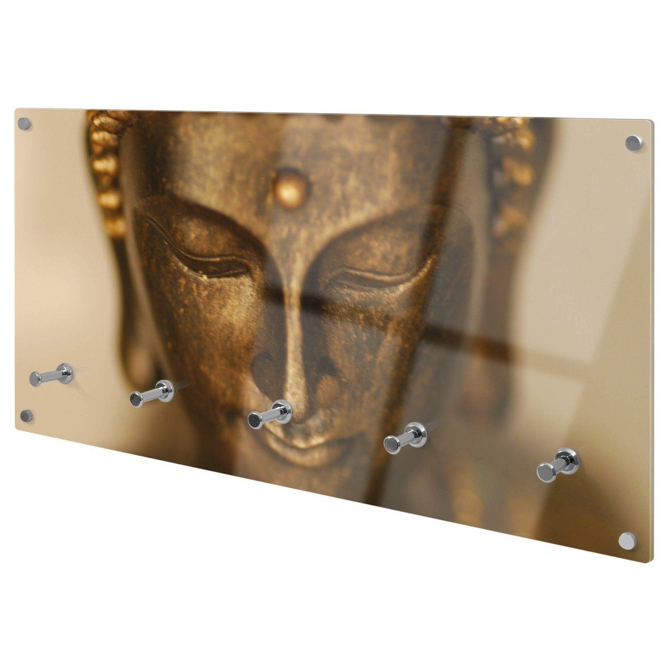 banjado Garderobenleiste Glas Buddha Gold (Wandgarderobe, mit verchromten Haken), inkl. Montagematerial