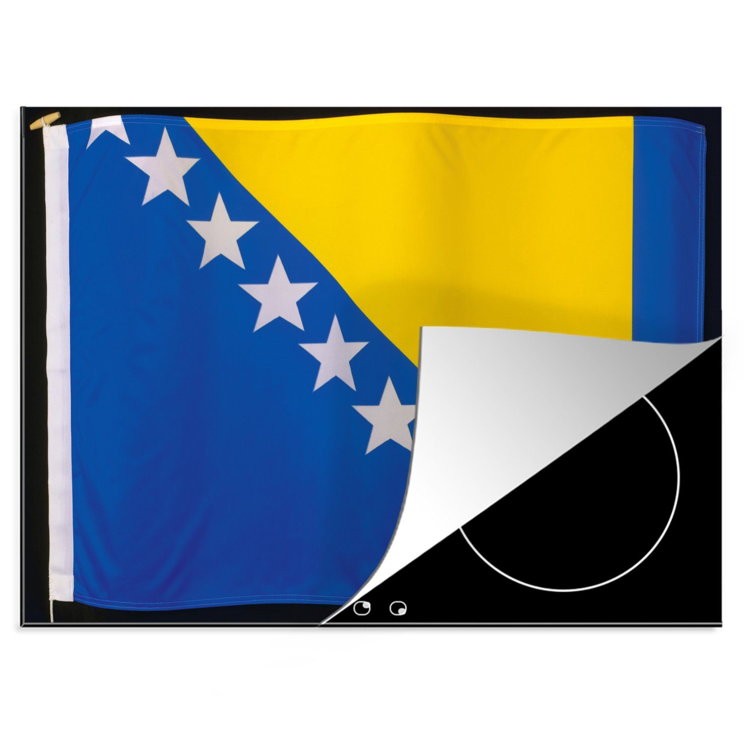 MuchoWow Herdblende-/Abdeckplatte Die Flagge von Bosnien und Herzegowina auf schwarzem Hintergrund, Vinyl, (1 tlg), 70x52 cm, Mobile Arbeitsfläche nutzbar, Ceranfeldabdeckung