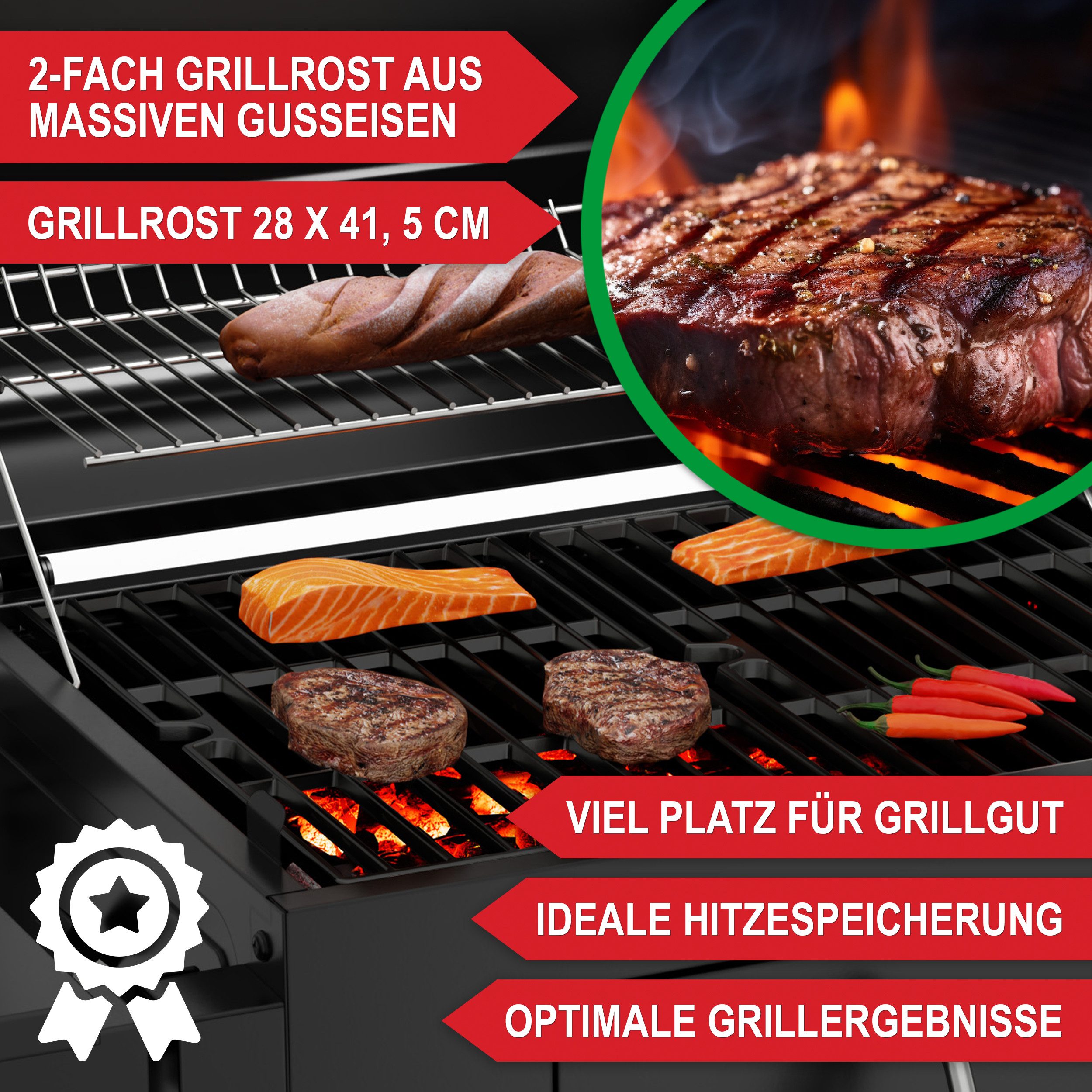 Onbest Holzkohlegrill XXL mit Deckel Thermometer Schutzhülle, 2-faches Gusseisen Grillrost, Ascheschublade