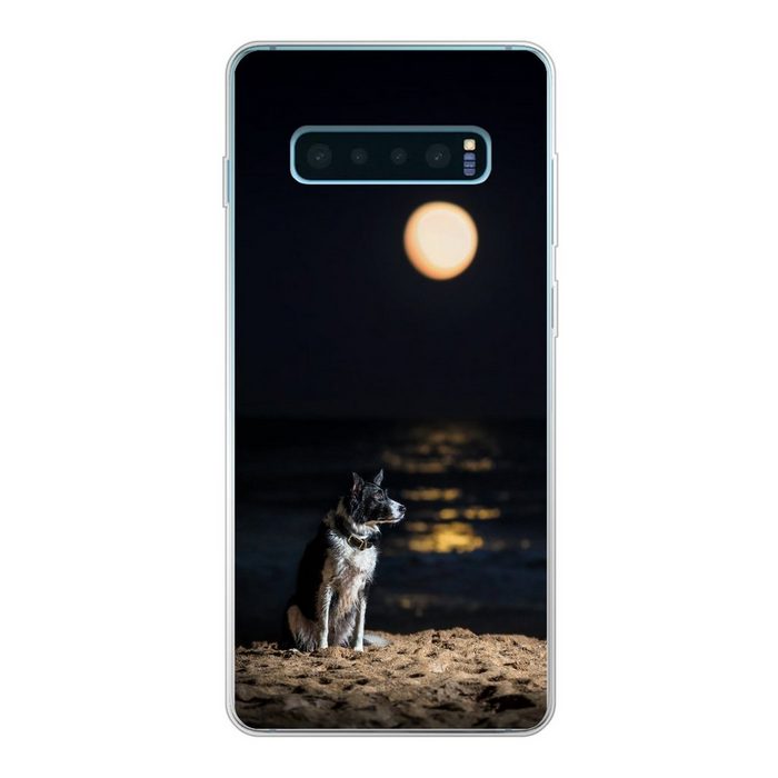 MuchoWow Handyhülle Ein Porträt eines Border Collie mit Vollmond Phone Case Handyhülle Samsung Galaxy S10 Lite Silikon Schutzhülle