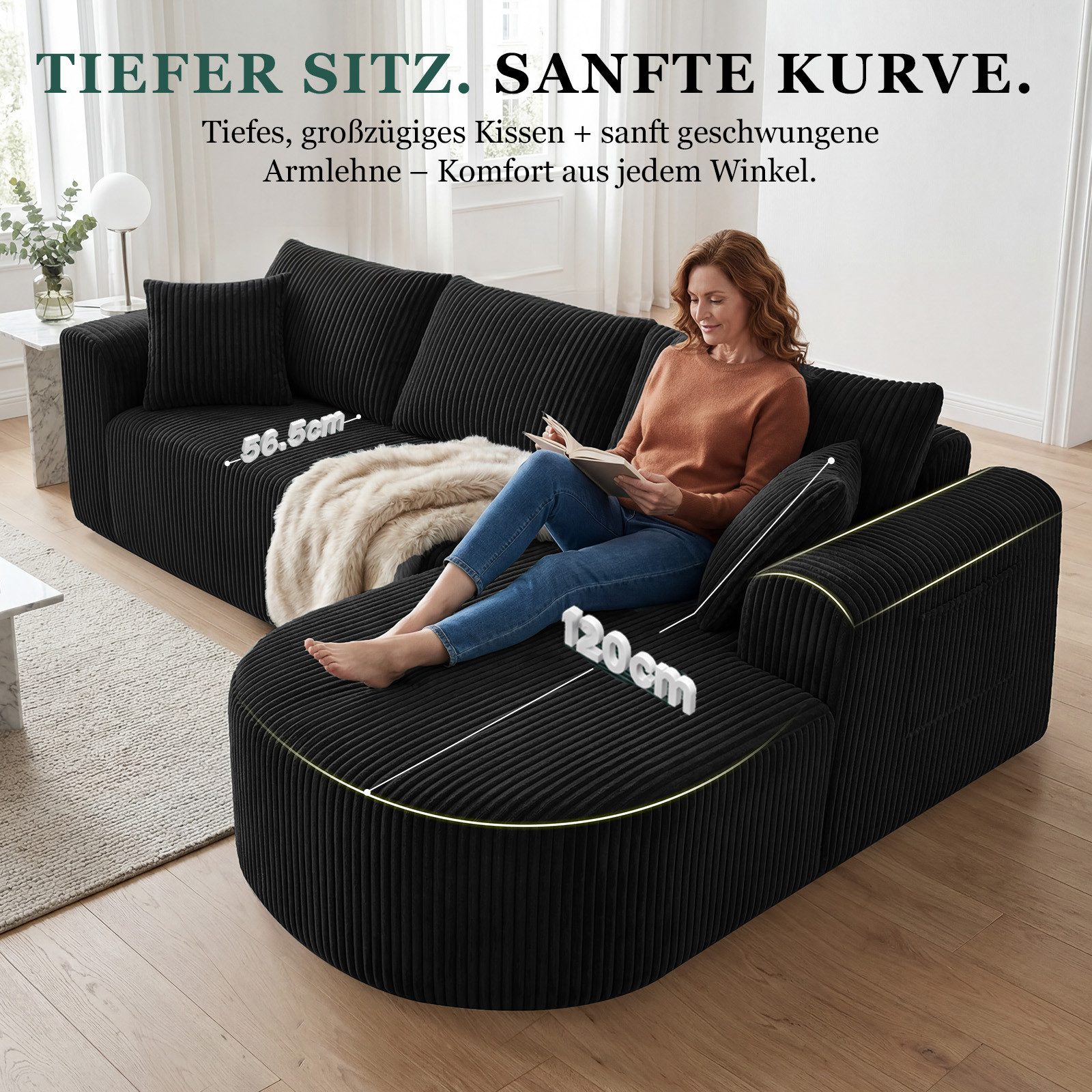 COMHOMA Sofa Ecksofa mit Schlaffunktion, Corduroy Modulares Boneless Couch, mit Chaiselongue, L-Form Schlafsofa, Sektionssofas mit Kissen & Seitentaschen