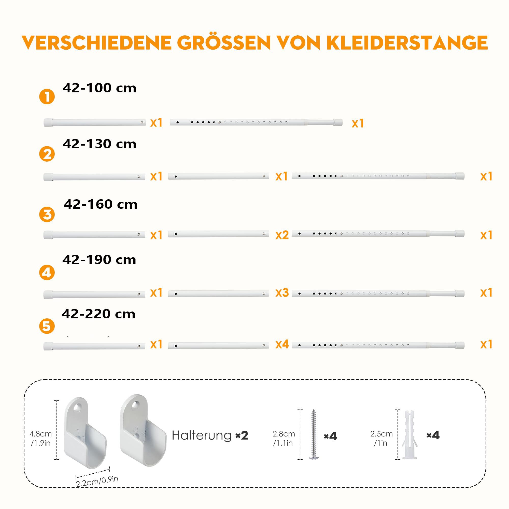 Agger Garderobenstange Kleiderstange für Schrank, Oval, Garderobenstange Wand Ausziehbar, 25mm mit 2 Halterung, für Kleiderschrank, Fenster,Verschiedene Größen – Bild 5 von 5