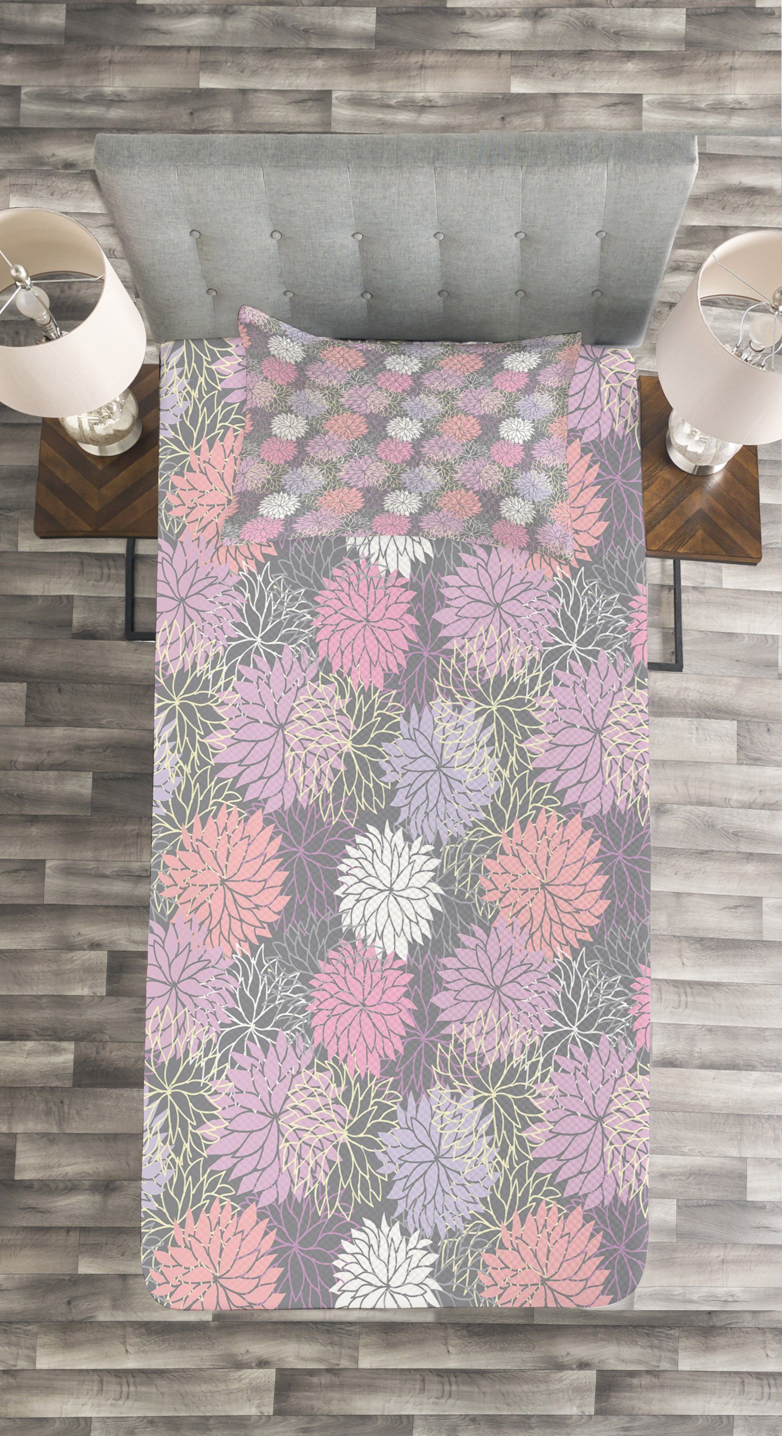 mit Grau Set Blossom Tagesdecke Rosa Botanischer Waschbar, Kissenbezügen und Abakuhaus,