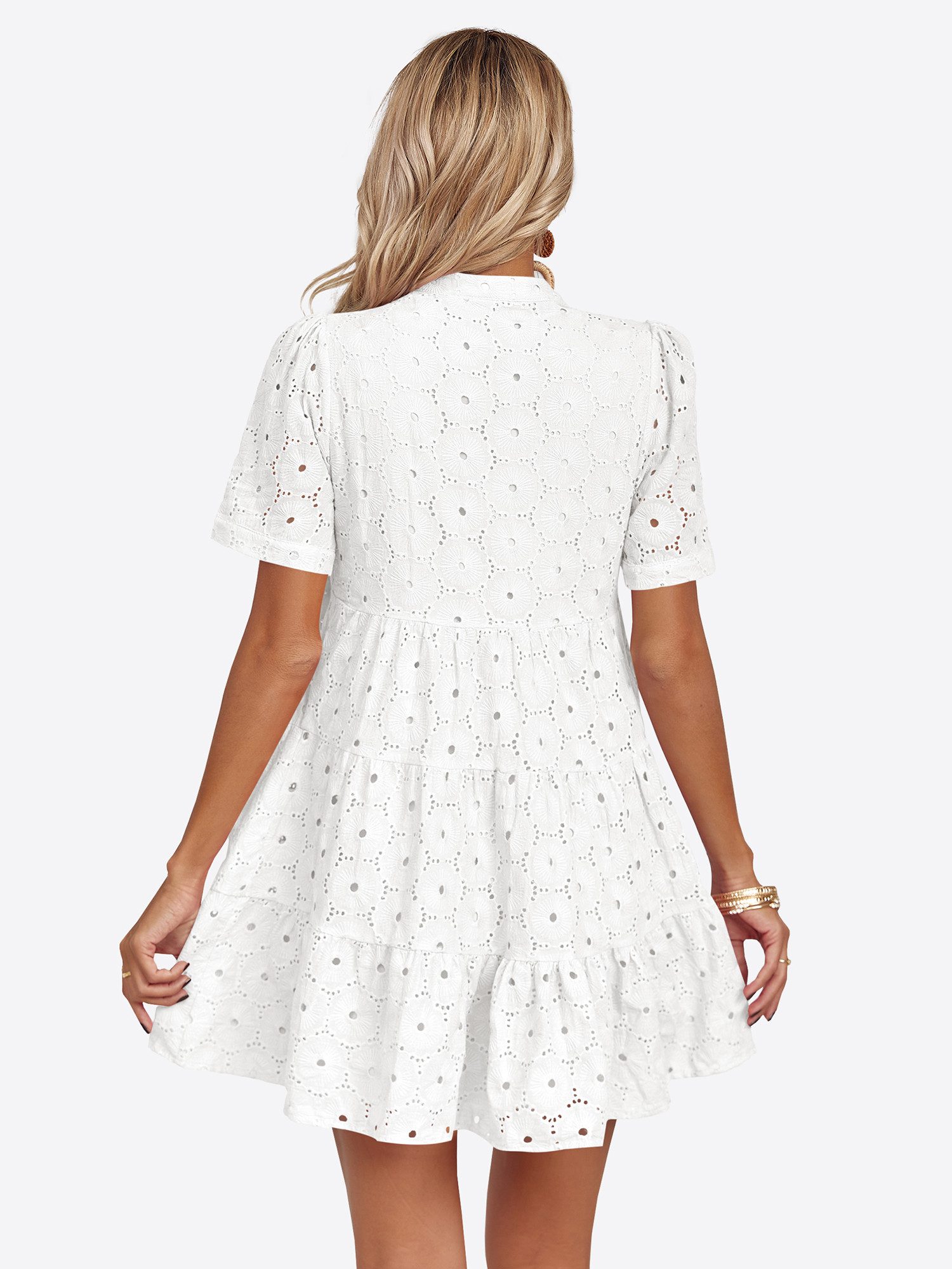 Imily Bela Spitzenkleid Damen Lochstickerei Freizeitkleid mit Puffärmeln (Packung, 1-tlg., 1per-Pack) mit V-Ausschnitt