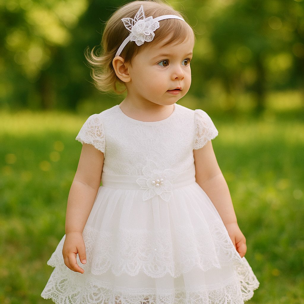 Lorey Medtec Taufkleid Mädchen Kleid, Partykleid, Prinzessin Kleid, Weiß, 100 % Baumwolle (Kleid + Haarreif)