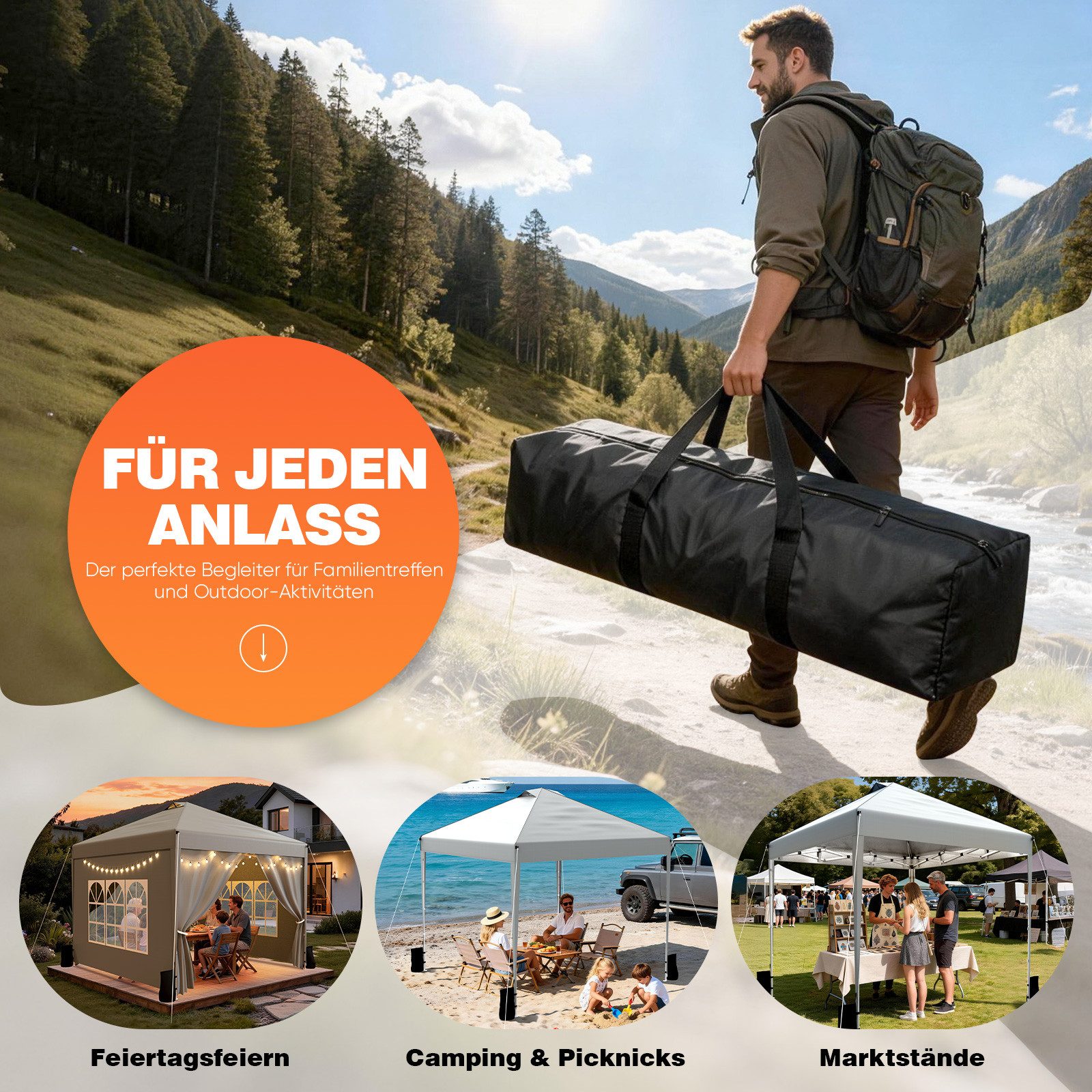 Huracan Faltpavillon Gartenpavillon 3x3m mit 4 abnehmbaren Seitenwänden, mit 4 Seitenteilen, PU1500mm wasserdicht, 3-fach höhenverstellbar Pop Up Pavillon