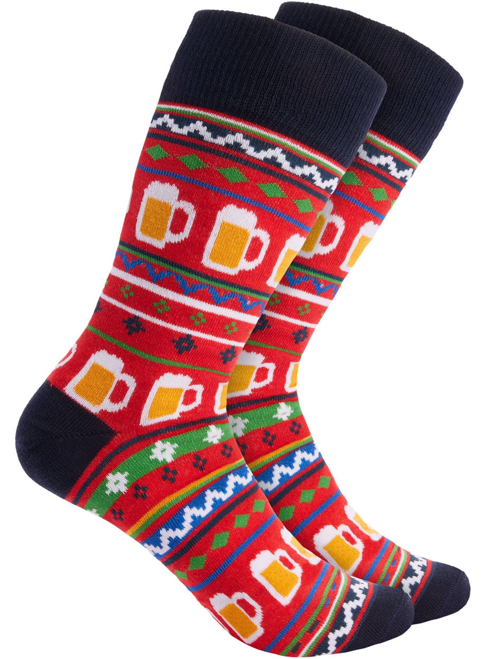 BRUBAKER Socken Weihnachtssocken für Damen und Herren - Weihnachtsmuster mit Bier Rot (Rot, 1-Paar, Xmas-Bier) Lustige Baumwollsocken für Weihnachten und Nikolaus