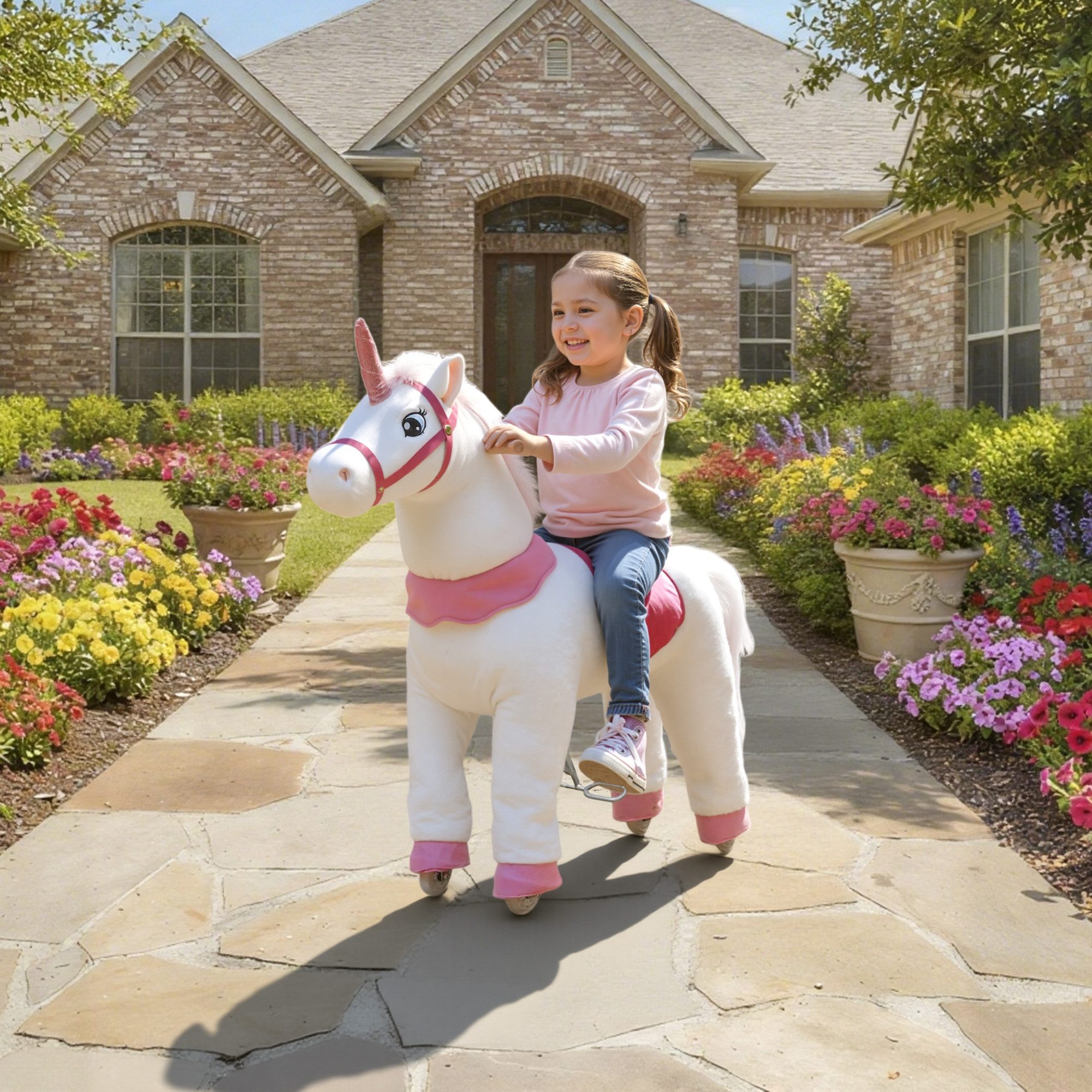 AIYAPLAY Stehtier Reitpferd auf Rollen Spielpferd zum Reiten Stehpferd, für Kinder 4-7 Jahre, Weiß+Rosa