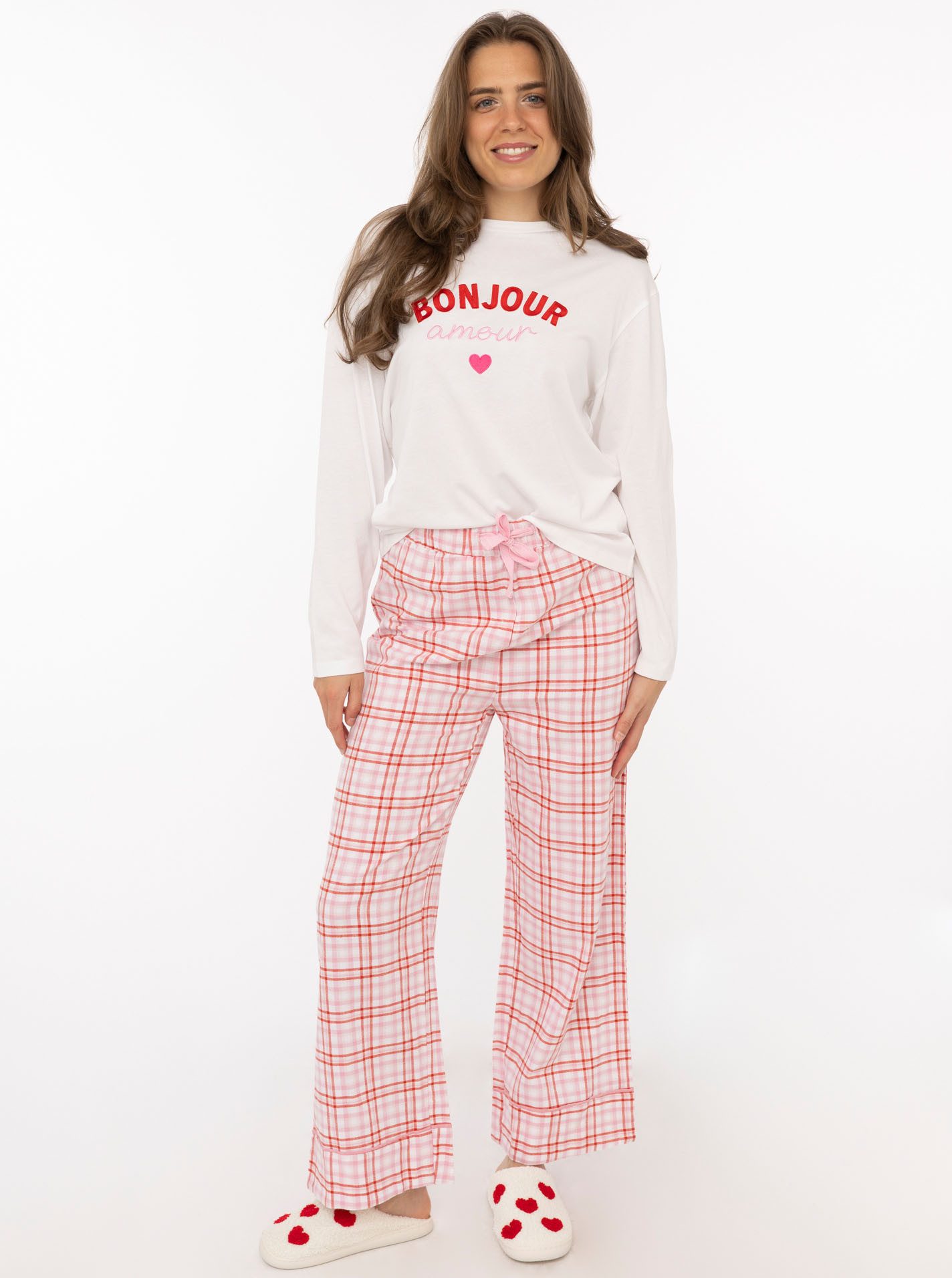 Zwillingsherz Pyjama Bonjour Amour (2 tlg) Longsleeve mit Schriftzug und langer, karierter Hose