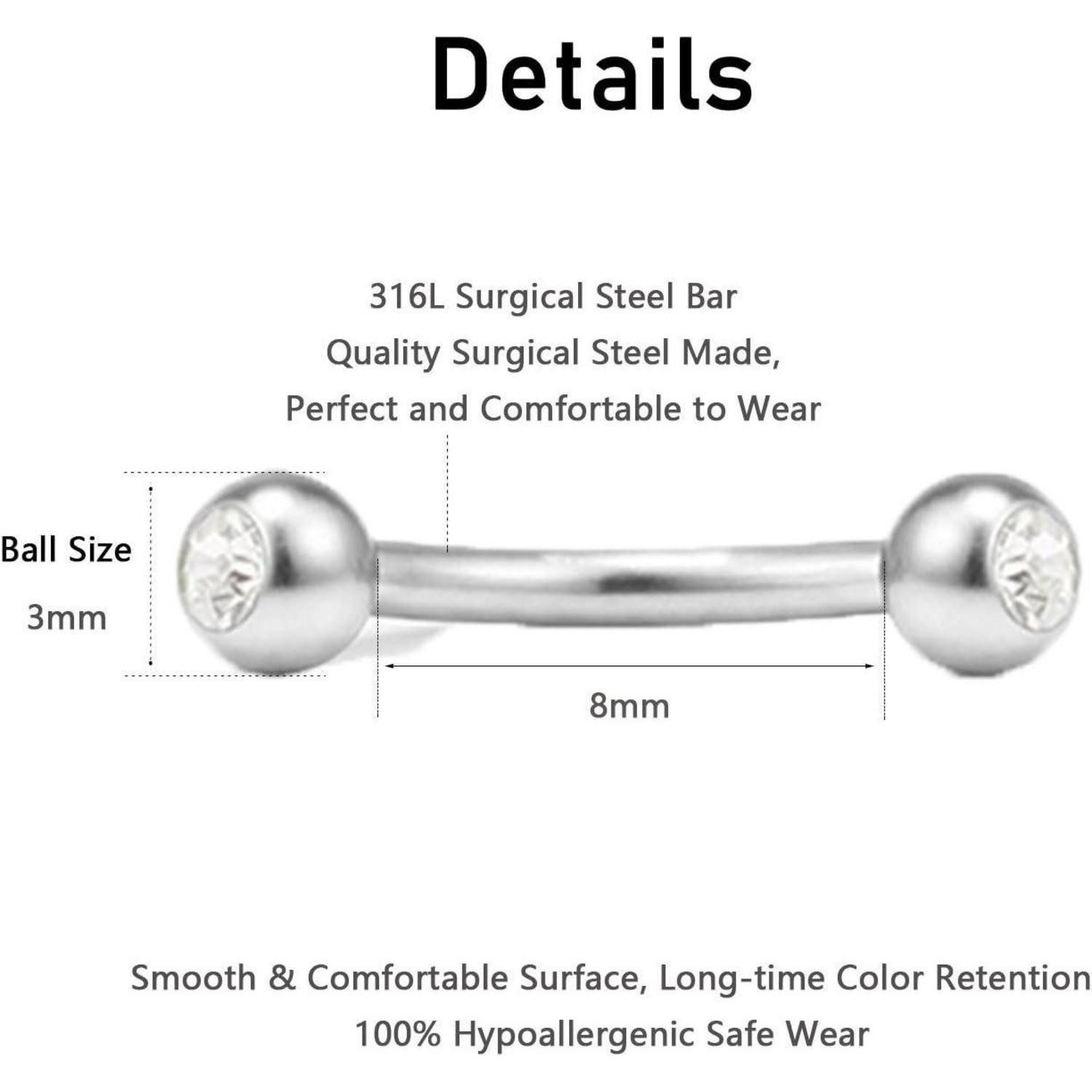 MODRSA Piercing-Set 16G Chirurgenstahl Curved Barbell Piercing Set Lippen Augenbrauen Ohr