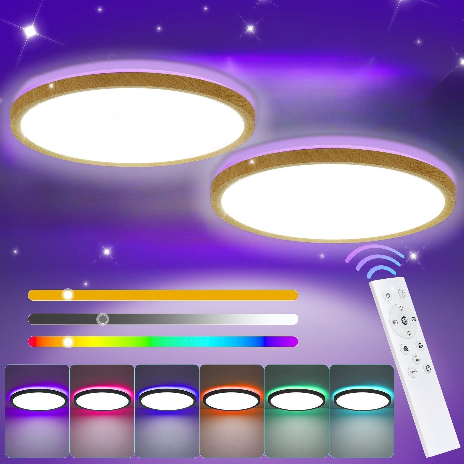 LETGOSPT LED Deckenleuchte 24W Ultra Dünn Deckenlampe mit Holz, RGB Backlight Dimmbar, RGB Farbwechsel, LED fest integriert, warmweiß, neutralweiß, kaltweiß, RGB, Deckenlampen Dimmbar mit Fernbedienung für Schlafzimmer Kinderzimmer