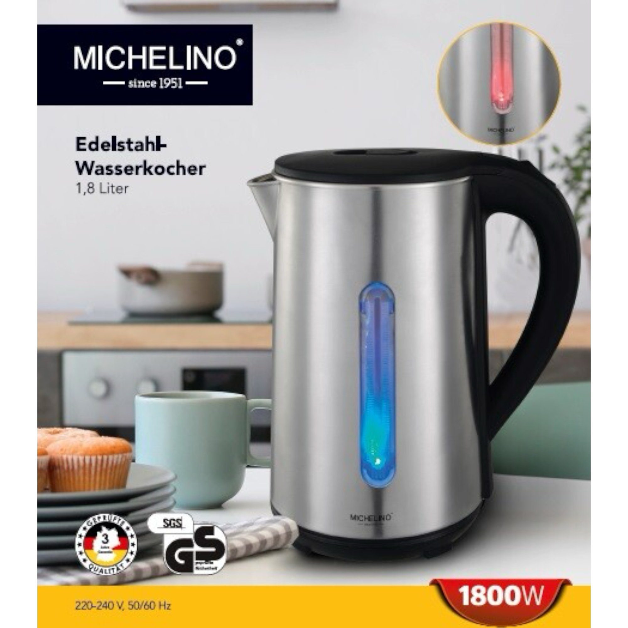 Michelino Wasserkocher 1,8 Liter Edelstahl, 2200,00 W