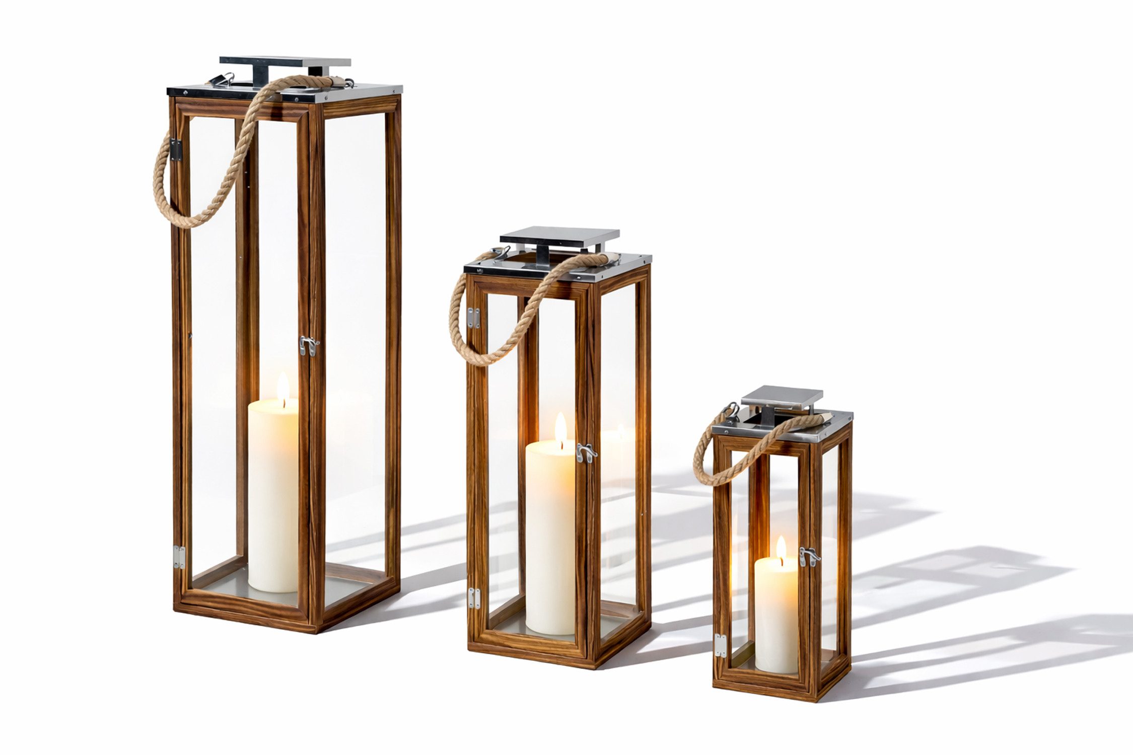 INDA-Exclusiv Laterne 3er XXL Holz-Laternen-Set Windlicht Gartenlaterne Edelstahldach