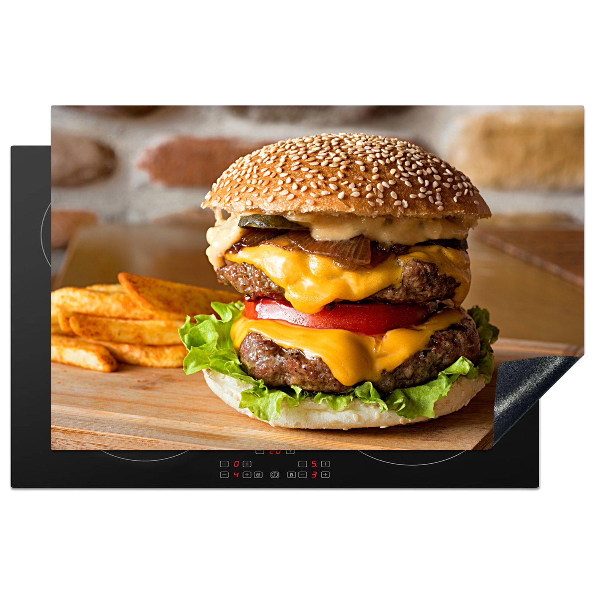 MuchoWow Herdblende-/Abdeckplatte Fastfood-Burger mit Pommes frites, Vinyl, (1 tlg), 81x52 cm, Induktionskochfeld Schutz für die küche, Ceranfeldabdeckung