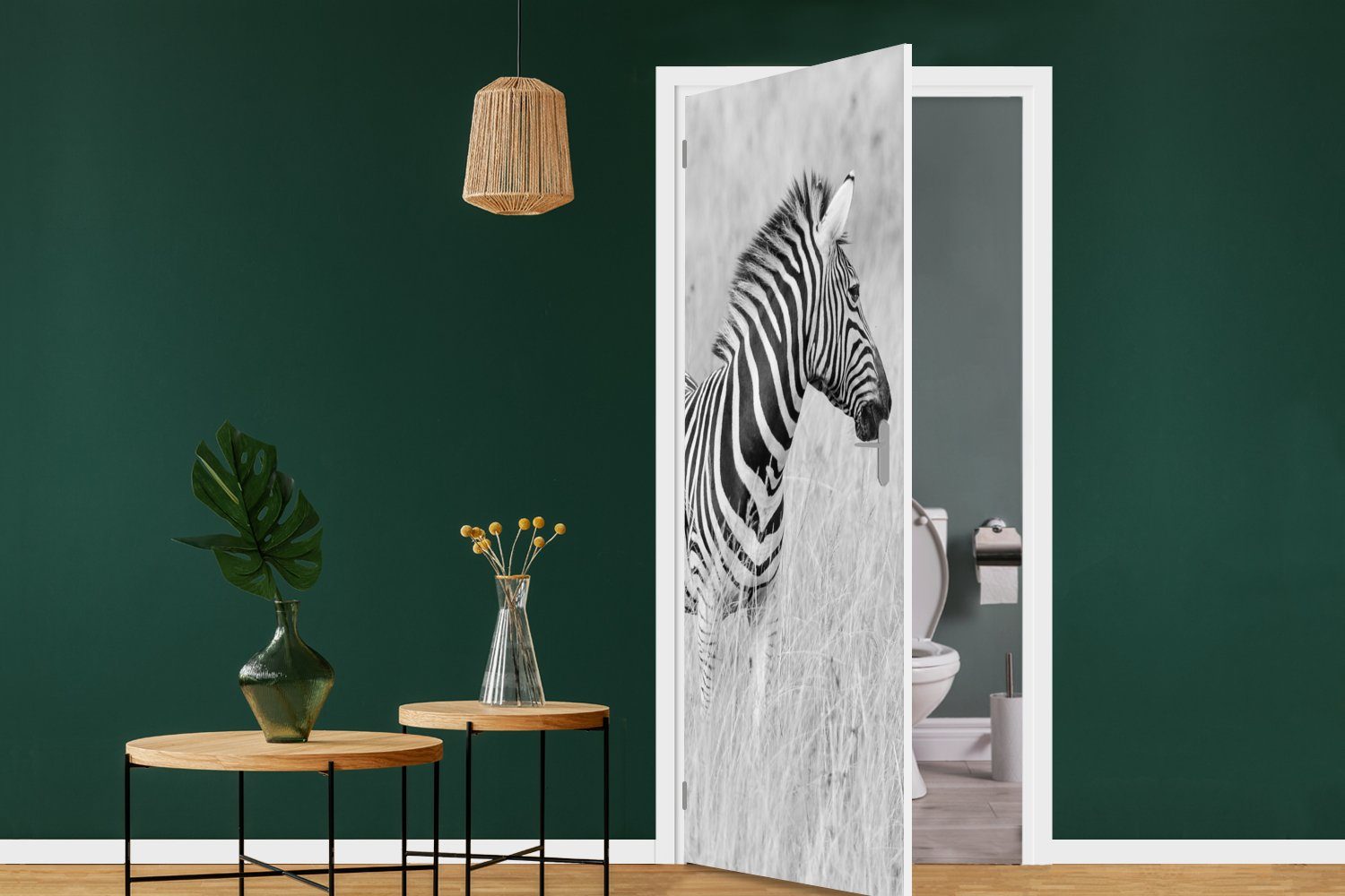 bedruckt, der 75x205 St), (1 cm Tür, MuchoWow Türaufkleber, für Fototapete Matt, Zebra Türtapete Wiese, auf