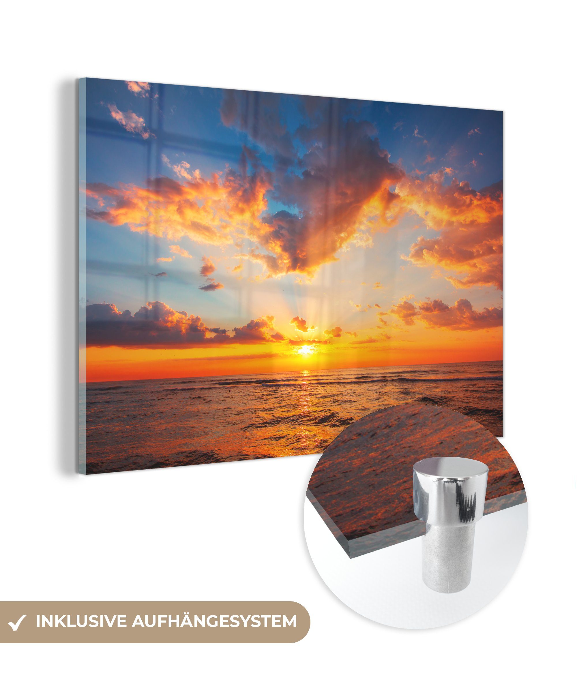 MuchoWow Acrylglasbild Sonnenuntergang - Meer - Gold, (1 St), Acrylglasbilder Wohnzimmer & Schlafzimmer