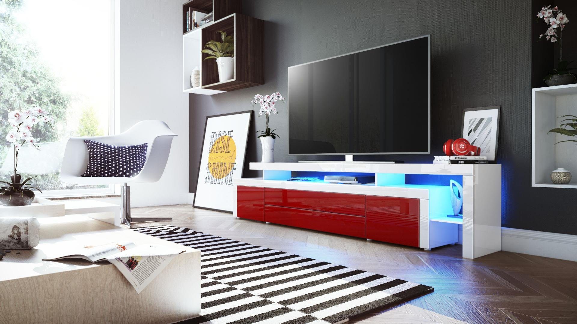 Vladon Lowboard Leon V3 (TV-Kommode, mit zwei Türen, zwei Schubkästen und einem modernen Überbau inkl. LED), Bordeaux Hochglanz/Weiß Hochglanz (227 x 52 x 35 cm)