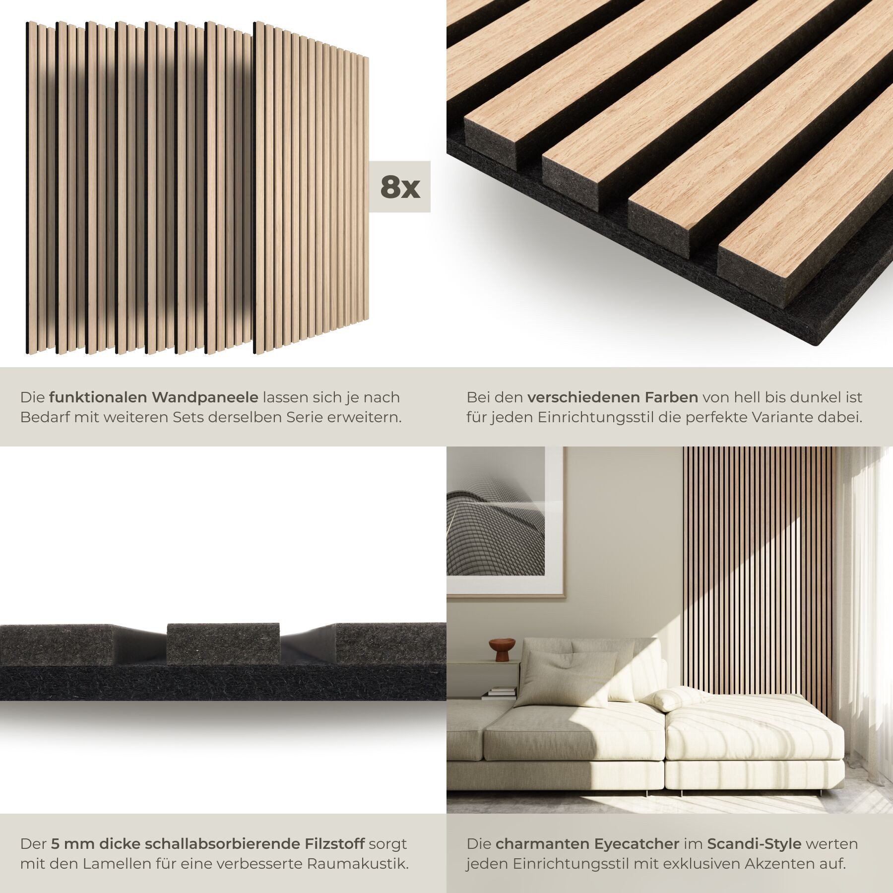 tectake Wandpaneel Echtholzfurnier Akustikverkleidung 120x60 cm schallabsorbierend MDF, BxL: 60x120 cm, (Lamellenpaneele SonicWall III, 8-tlg., in Eiche hell) e – Bild 4 von 5