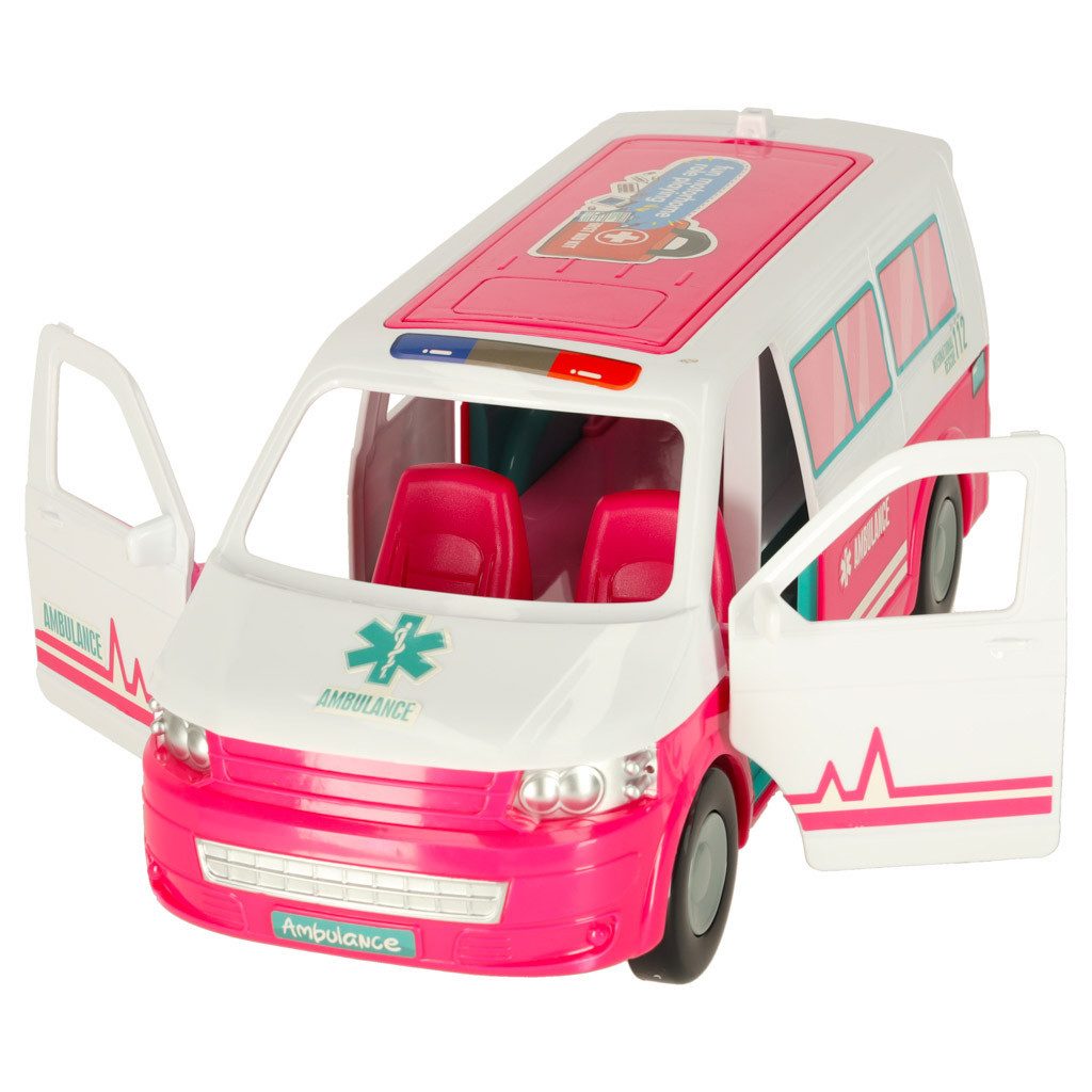 Ikonka Spielzeug-Krankenwagen Rettungswagen Arztspielset Puppenzubehör, (Spar-Set, 1-tlg., 55 x 30 x 22 cm klappbar), aufklappbar, 10 Teile, Arztpuppe & Zubehör