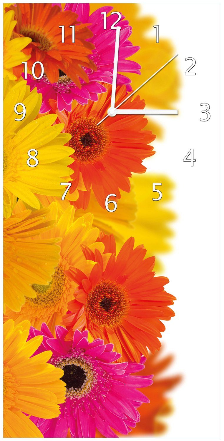 Wallario Wanduhr Bunte Gerberas - pinke, gelbe, rote und weiße Blüten (Uhr aus Acryl)