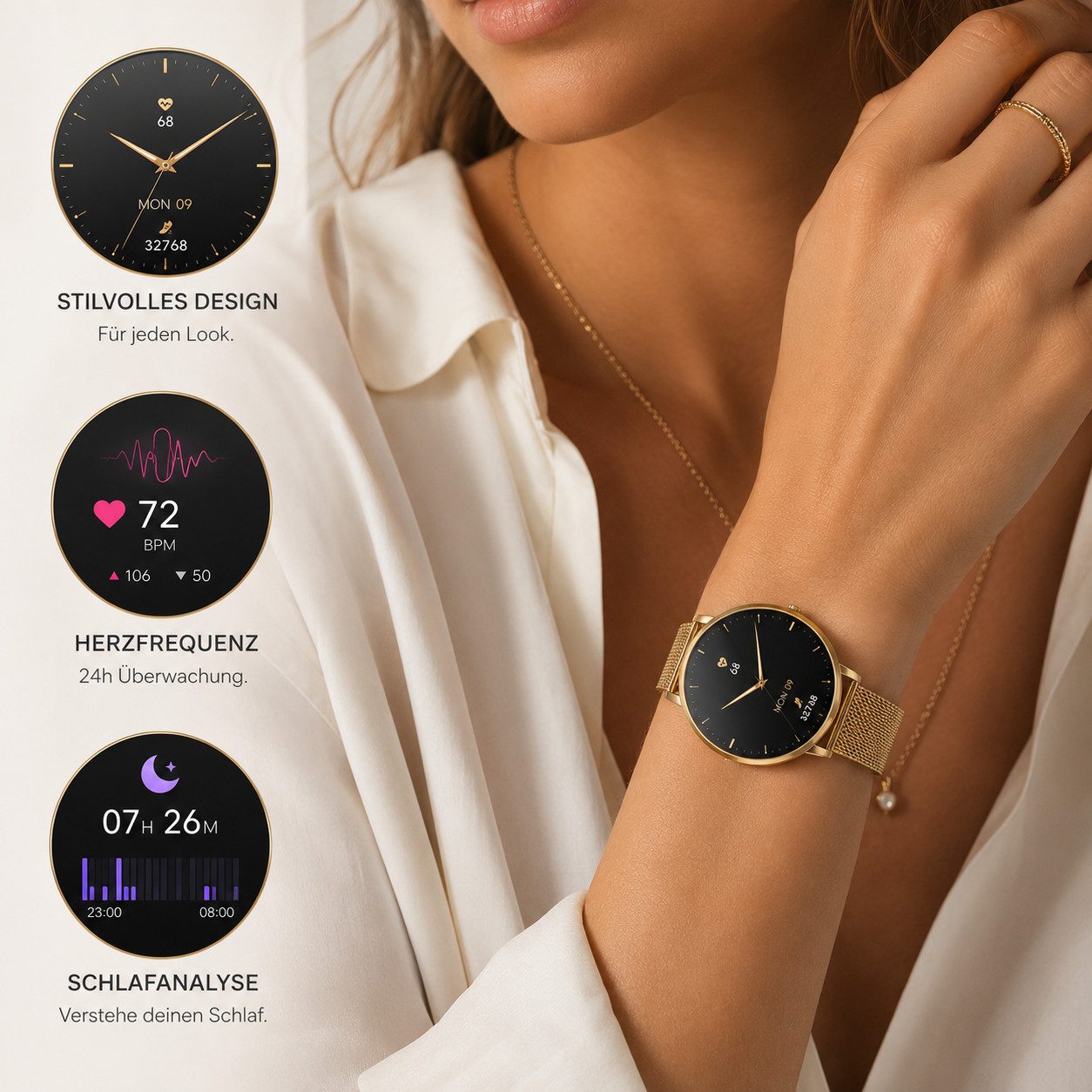 XCOAST SIONA 2 NANO - ultra kleine Damen Smartwatch (3,7 cm/1,19 Zoll, iOS und Android) Filigran, Frauen Armbanduhr, Fitnesstracker, 1-tlg., Fitness Tracker, Damenuhr, 7 Tage Akku, Wasserdicht, Puls, Blutdruck, Blutsauerstoff