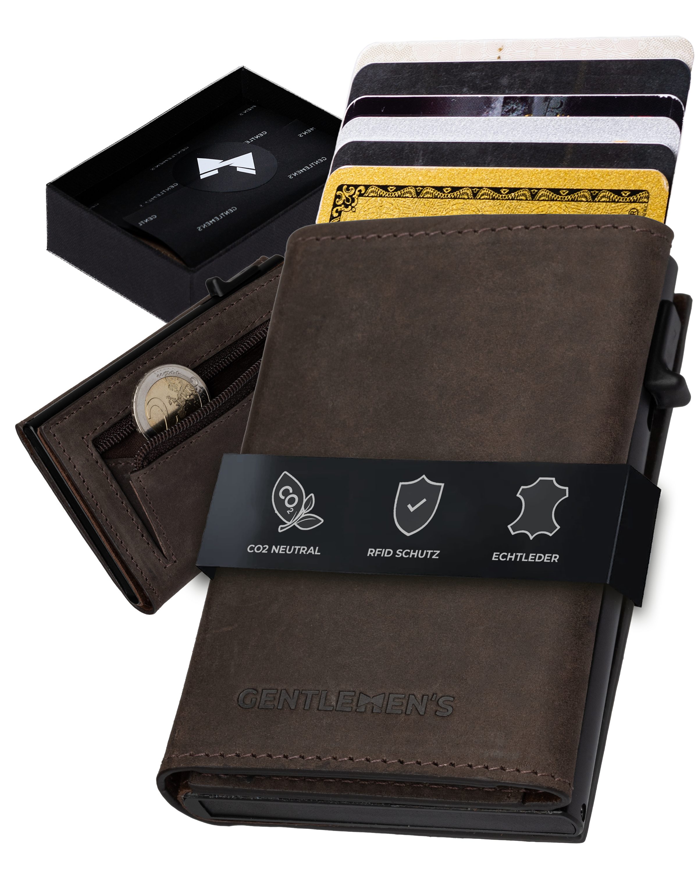 Gentlemen's Geldbörse Cardholder - Kreditkartenetui mit Münzfach & RFID-Schutz Smart Wallet, Kleiner Geldbeutel für Herren - Herren Portemonnaie mit Scheinfach Dunkelbraun