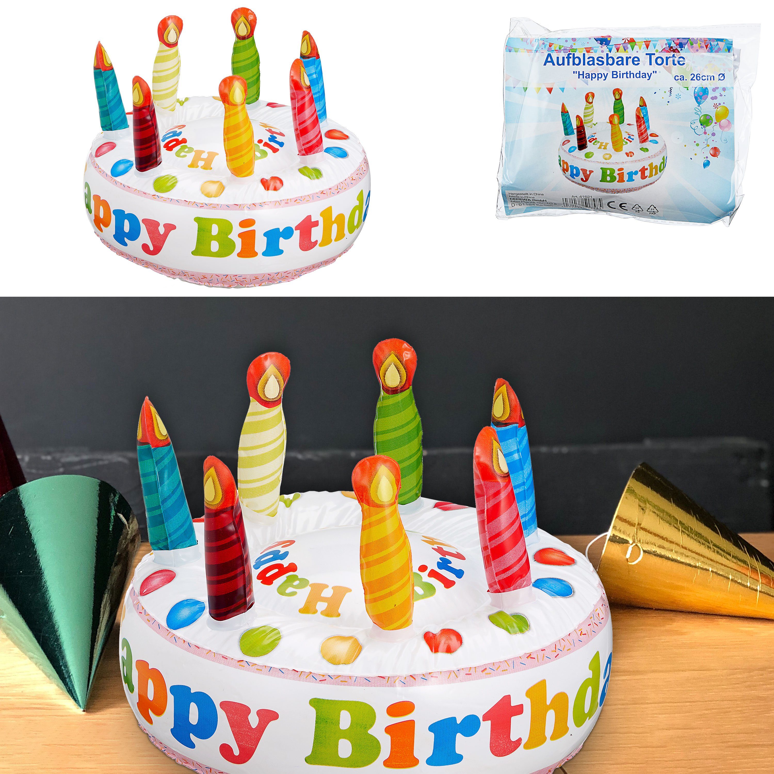 CEPEWA Aufblasbares Essen Torte aufblasbar Happy Birthday Geburtstagskuchen H22cmxØ30cm Kerzen
