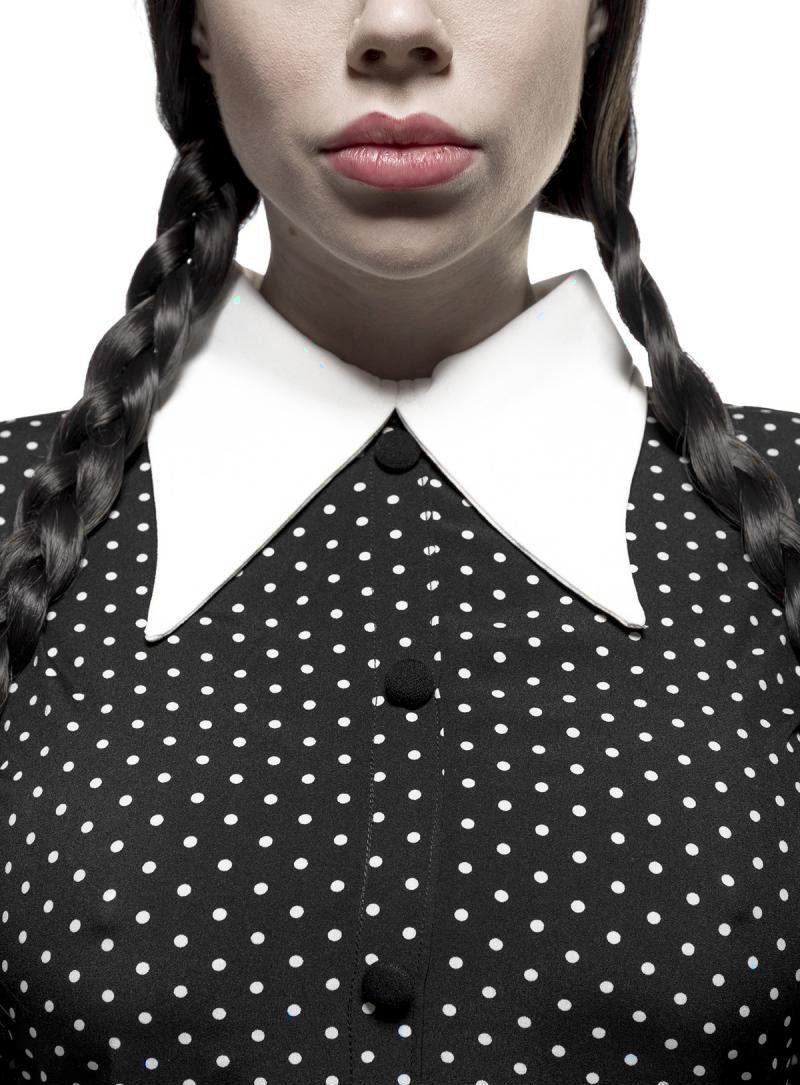 Metamorph Kostüm Wednesday Kleid, Hochwertig verarbeitetes, gepunktetes Kleid, inspiriert durch die Seri