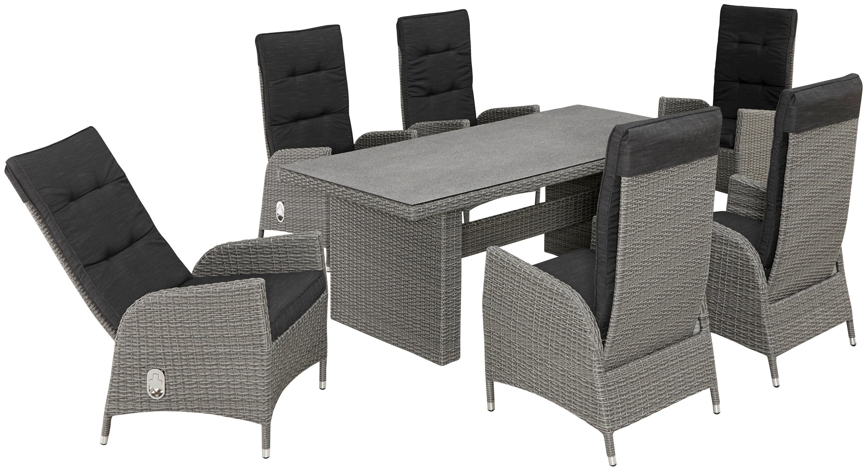 KONIFERA Garten-Essgruppe Brisbane, (Set, 13-tlg., 6 Sessel, Rückenlehne verstellbar, inkl. Auflagen, Tisch 92x192x74 cm), Aluminium/Polyrattan, Tischplatte aus Stone-Spray-Glas in Steinoptik