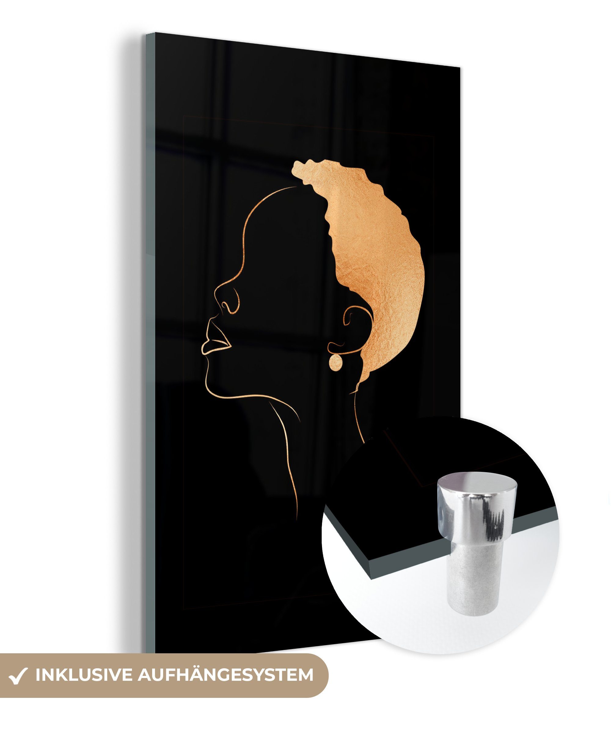 MuchoWow Acrylglasbild Frau - Strichzeichnung - Schwarz und Gold, (1 St), Glasbilder - Bilder auf Glas Wandbild - Foto auf Glas - Wanddekoration