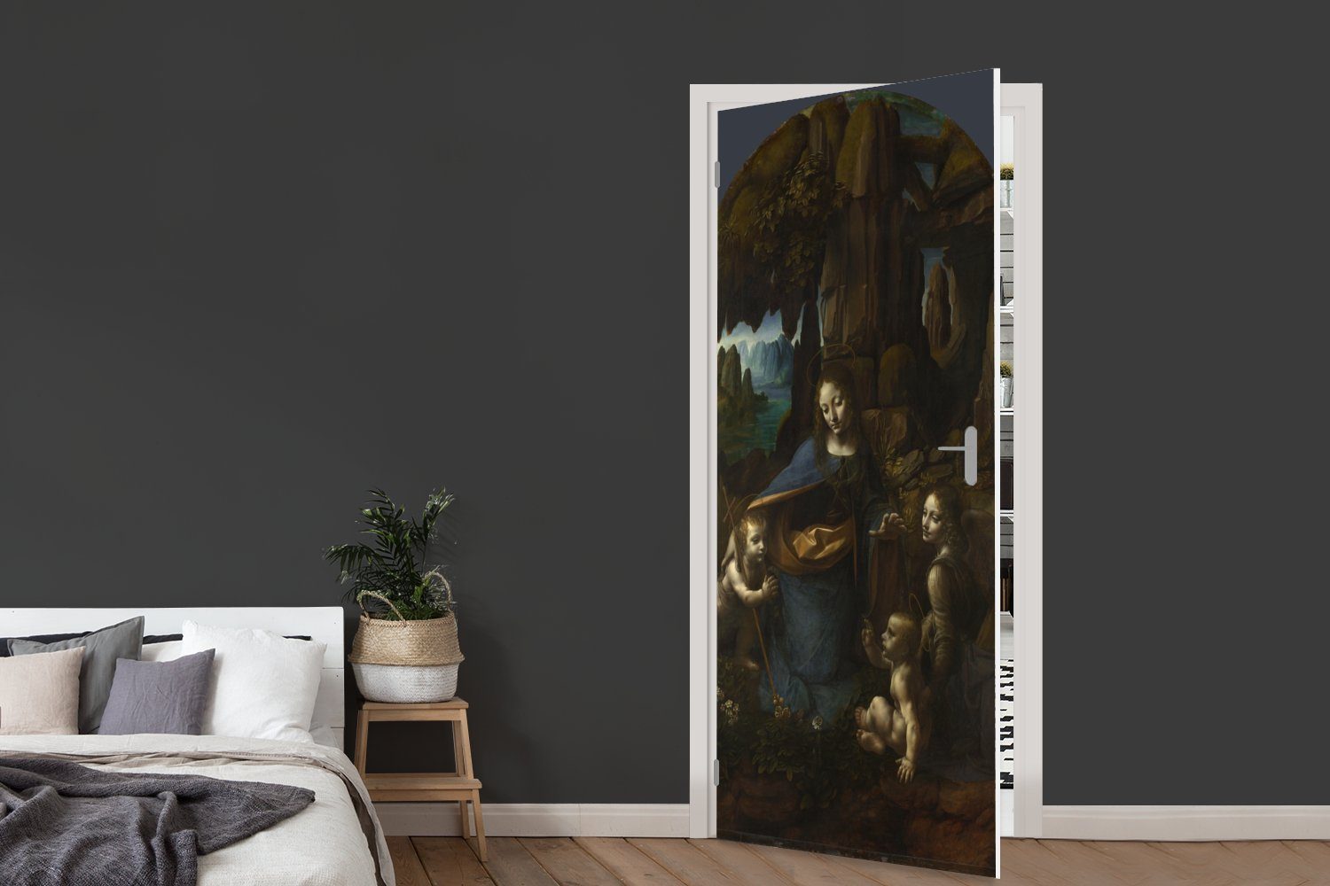 Türtapete MuchoWow bedruckt, Jungfrau Leonardo (1 für - Fototapete Türaufkleber, Felsen dem 75x205 St), Matt, Vinci, da Tür, auf cm