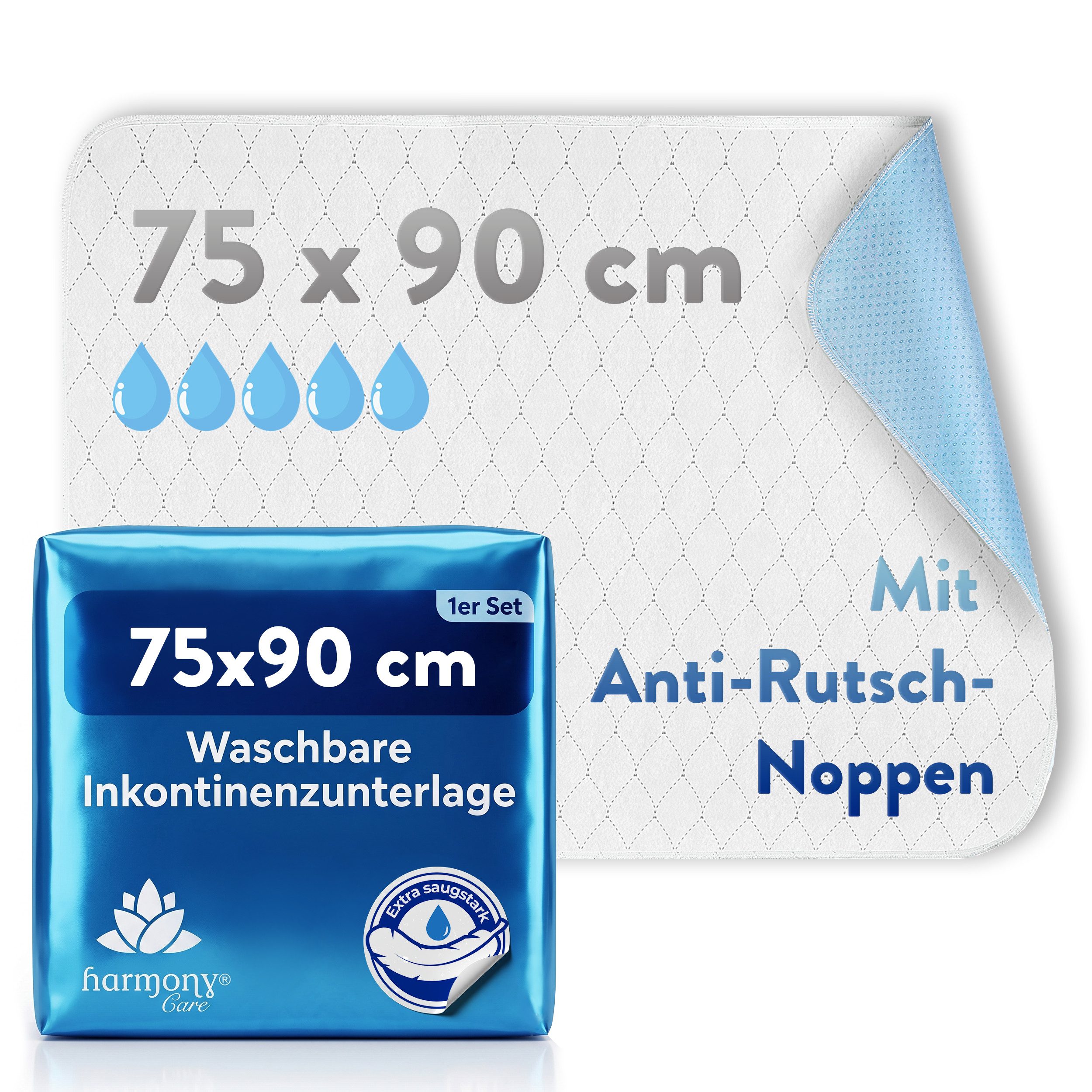 Inkontinenzauflage wasserdicht, Inkontinenzunterlage waschbar, Matratzenschoner Harmony Care, Matratzenschutz, wasserdichte Betteinlage mit Anti-Rutsch Noppen