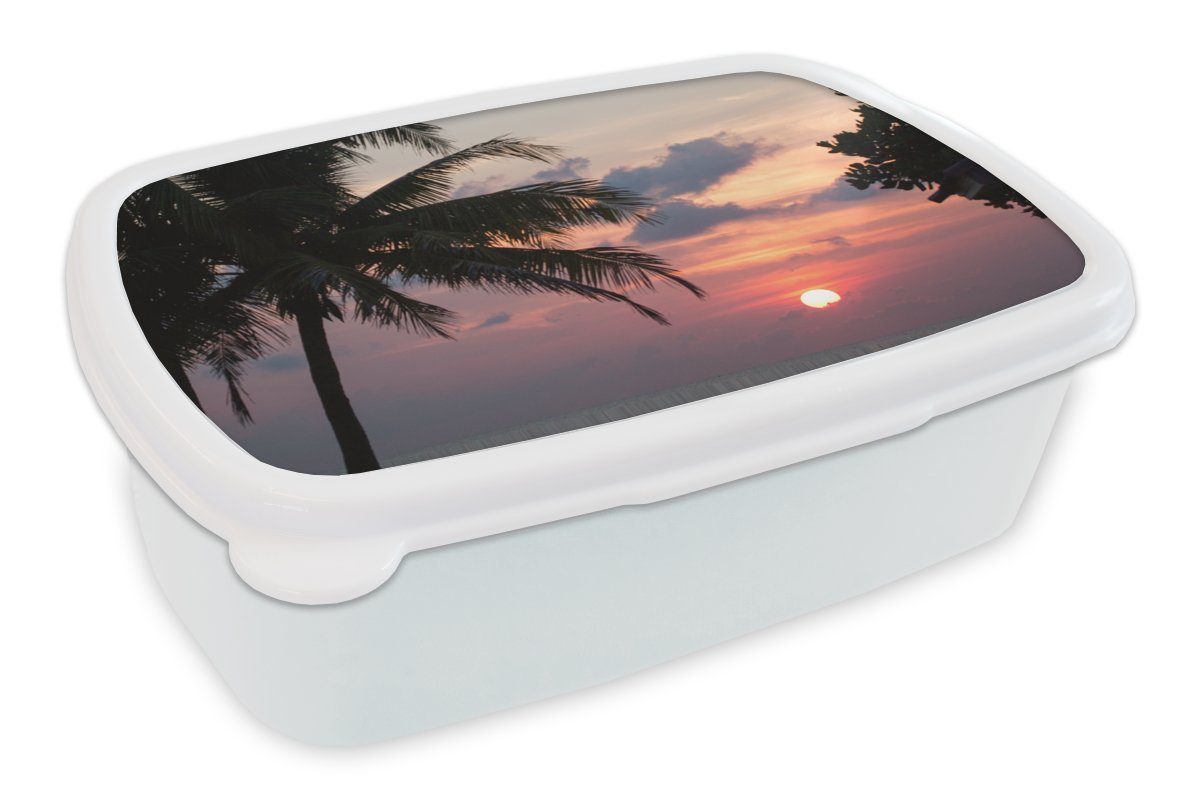 MuchoWow Lunchbox Tropisch - Palme - Sonne, Kunststoff, (2-tlg), Brotbox für Kinder und Erwachsene, Brotdose, für Jungs und Mädchen weiß