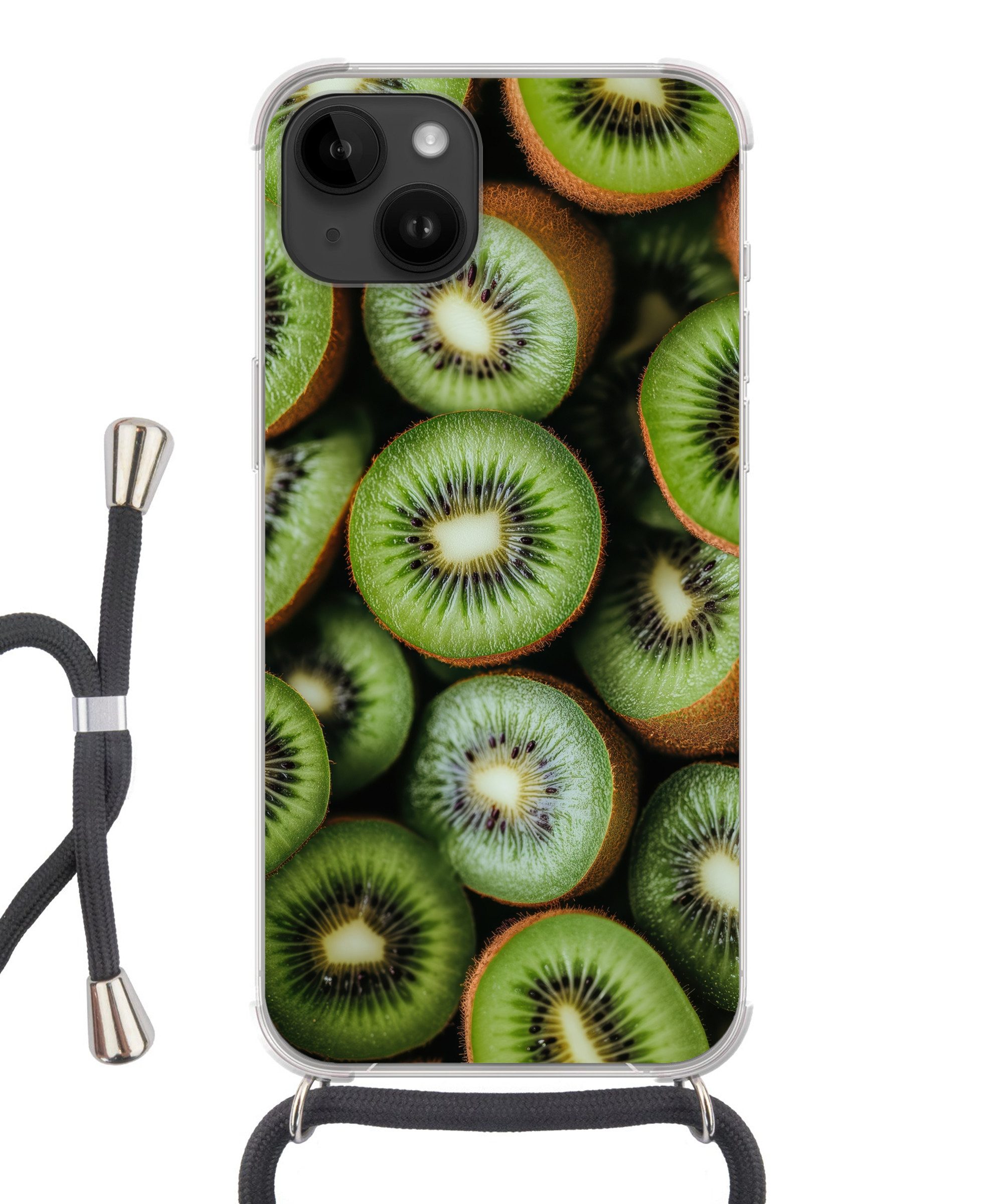 MuchoWow Handyhülle für Apple iPhone 14 Kiwi - Obst - Grün, Tragbare Handyhüllen mit Kette zum umhängen, Handykette Handyband